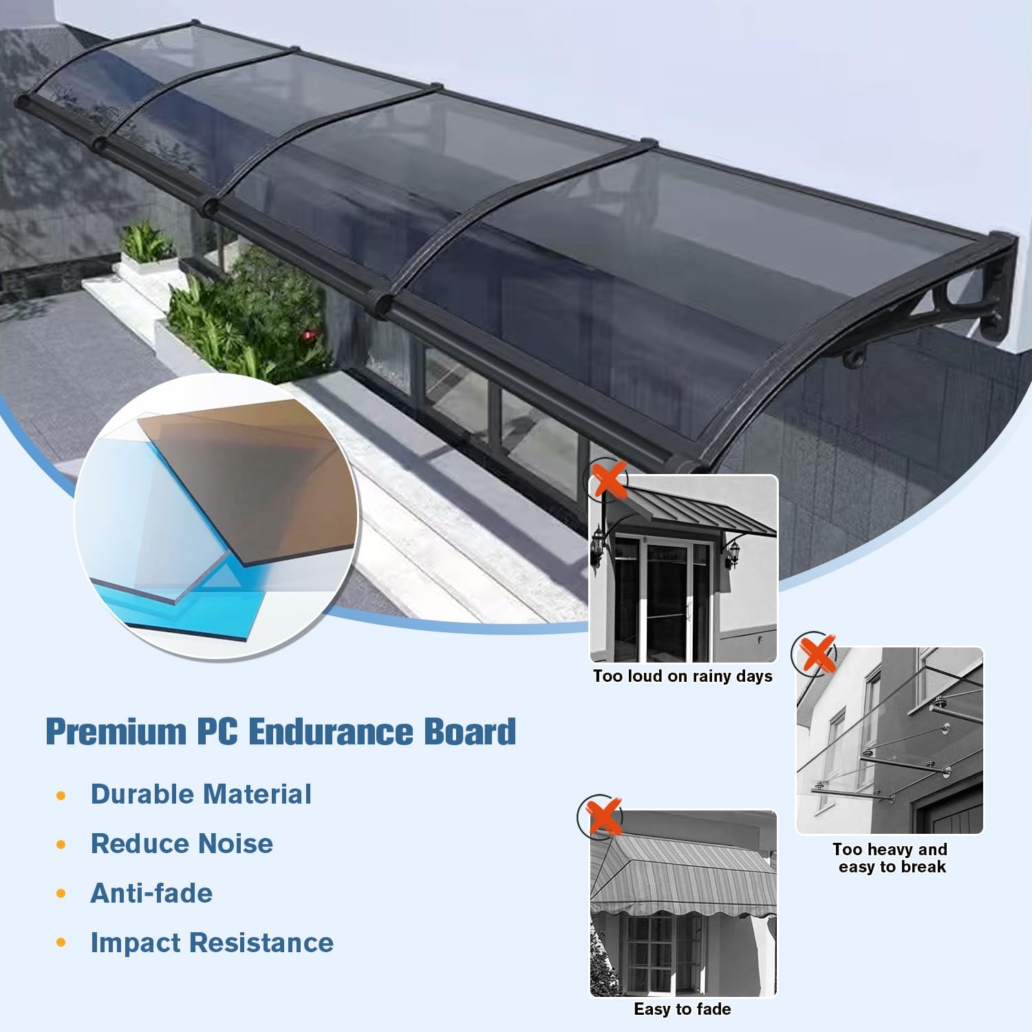 Awning for Door Entrance, Window Awnings Exterior with Aluminum Bracket Polycarbonate Board, Patio Balcony Porch, Uv Rain Snow Protection, with Drainage Channels, Gray 80x140cm/31 x55