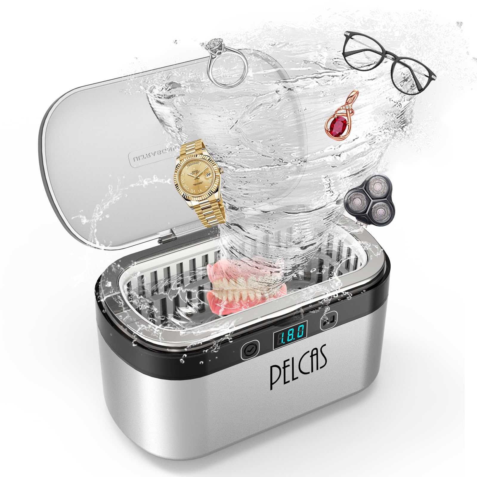PELCAS Limpiador Ultrasonidos 45KHz 500ml Limpiador Ultrasónico Actualizado 38W Ultrasonidos Limpieza con Pantalla Táctil con 5 Modos de Temporizador para Joyería Dentaduras Postizas Gafas Relojes