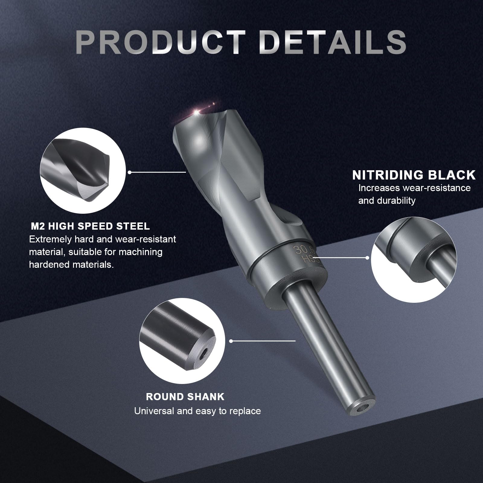 sourcing map Broca de 30,5 mm, vástago reducido de 1,27 cm, M2, acero de alta velocidad, nitruro, negro, brocas de 135° para metal duro, acero inoxidable, profesional
