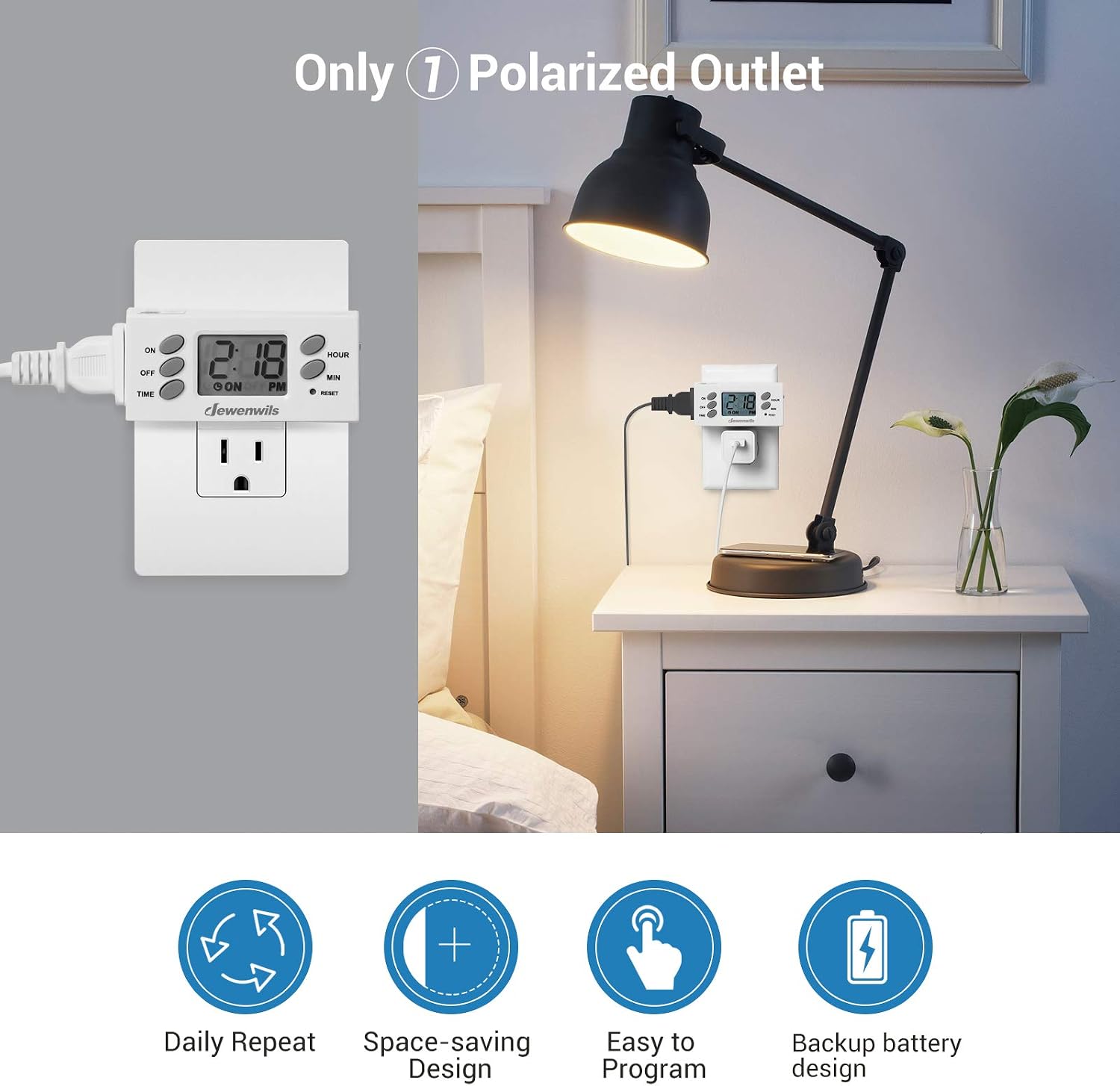 DEWENWILS 24-Hour Programmable Digital Timer Outlet, Plug in Outlet Timer Indoor Light Timer with 1 Polarized Outlet, Space Saving Bar Timer for Light, Lamp,Fan, Aquarium, 1/2 HP, 2 Pack, UL Listed