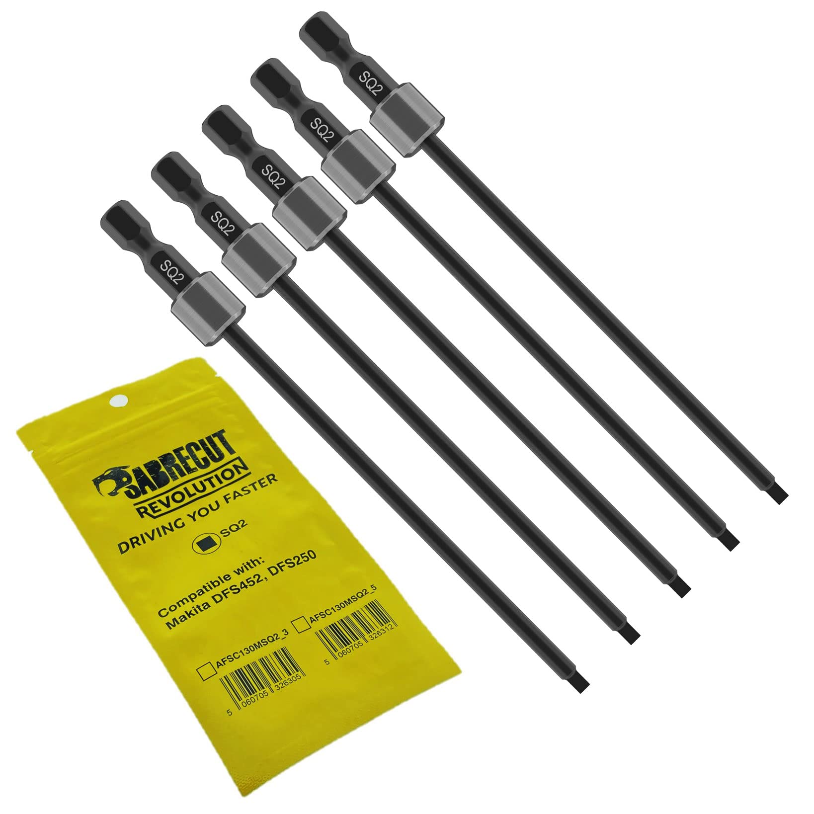 Sabrecut 5 X Afsc130msq2_5 130Mm Sq2 Compatible With Makita Dfs250 Dfs452 199155-7 Autofeed Collated Drywall Screwdriver Gun Bit Single Ended Square Heavy Duty
