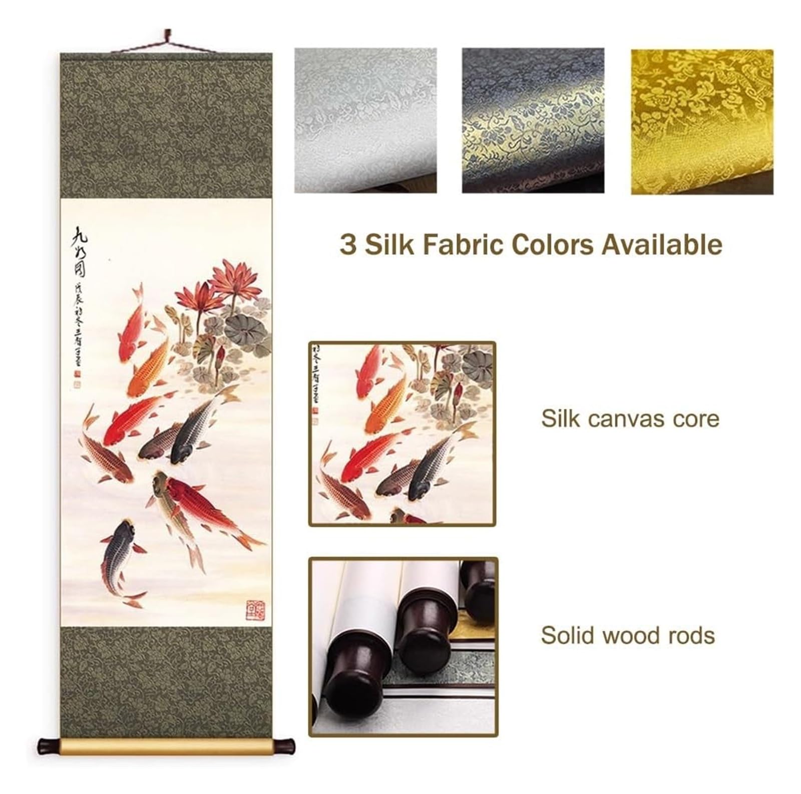Chiński obraz z dziewięcioma rybami, ręcznie robiona sztuka wisząca na jedwabiu, orientalny mural Feng Shui, pomysł na kreatywny prezent(Retro C,50L x 158W cm)