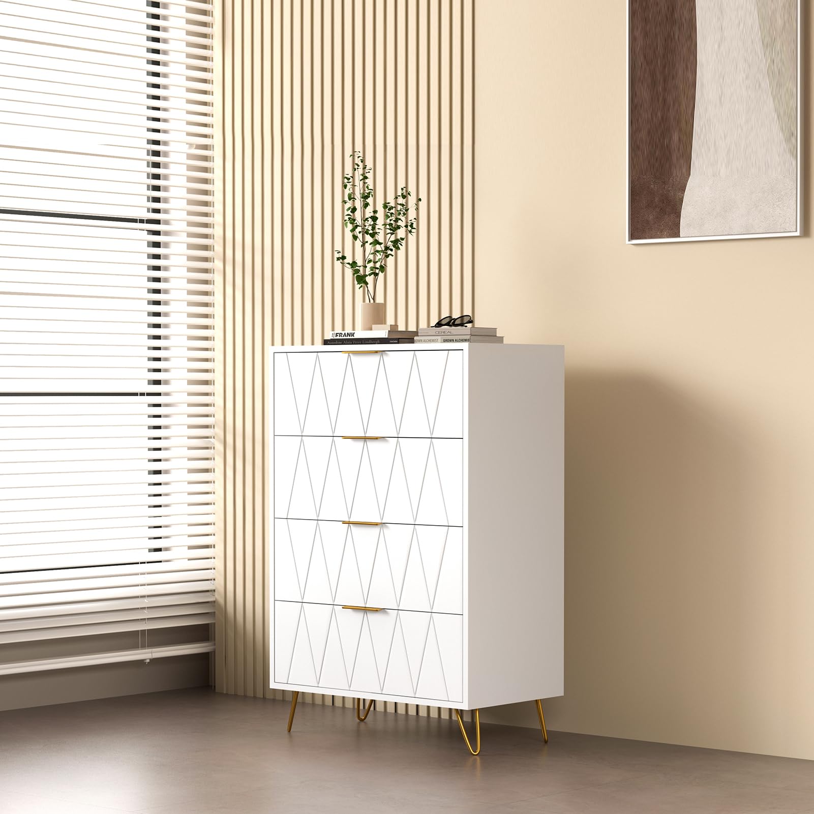 Commode 4 Tiroirs 60cm, Commode pour Chambre à Coucher, Enfant, Salon ou Couloir, Moderne Tiroirs Meuble de Rangement, 60x34x90 cm, Blanc