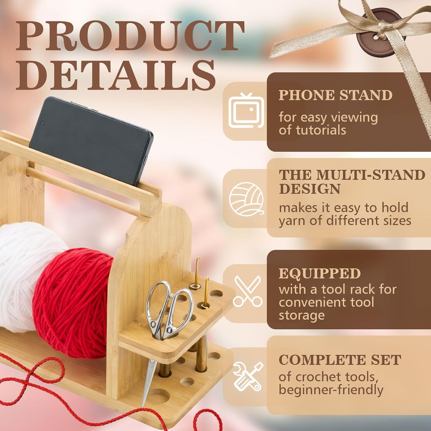 Gerrii Bamboo Yarn Holder for Crochet with Built-in Phone Stand, Yarn Storage Organizer with 9 Wooden Crochet Hooks, 10 Needles & Scissors - Knitting Accessories Gift