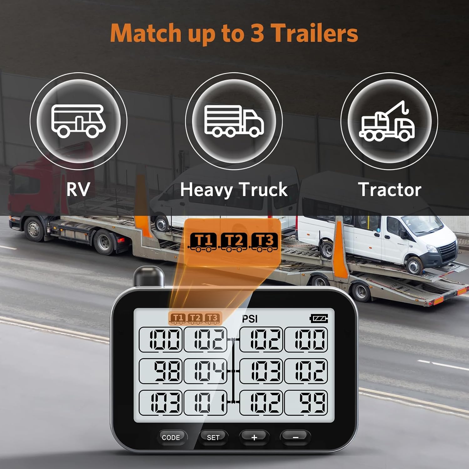 GUTA Trailer Tire Pressure Monitoring System - RV TPMS, 4 Sensors, 6 Alert Modes, Power Saving Display, Long Sensing Distance, Without Repeater, for Maximum 3 Trailers (T1/T2/T3), for Camper, RVs