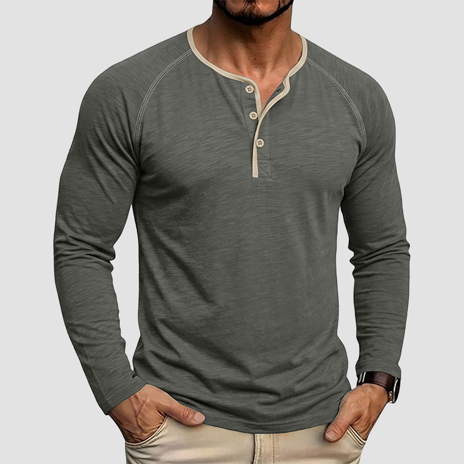 T-Shirt Homme Manches Longues col avec Boutons, Coupe ajustée Slim fit et Manches Raglan, Haut en Coton texturé Respirant, Parfait pour Le Quotidien et Toutes Les activités