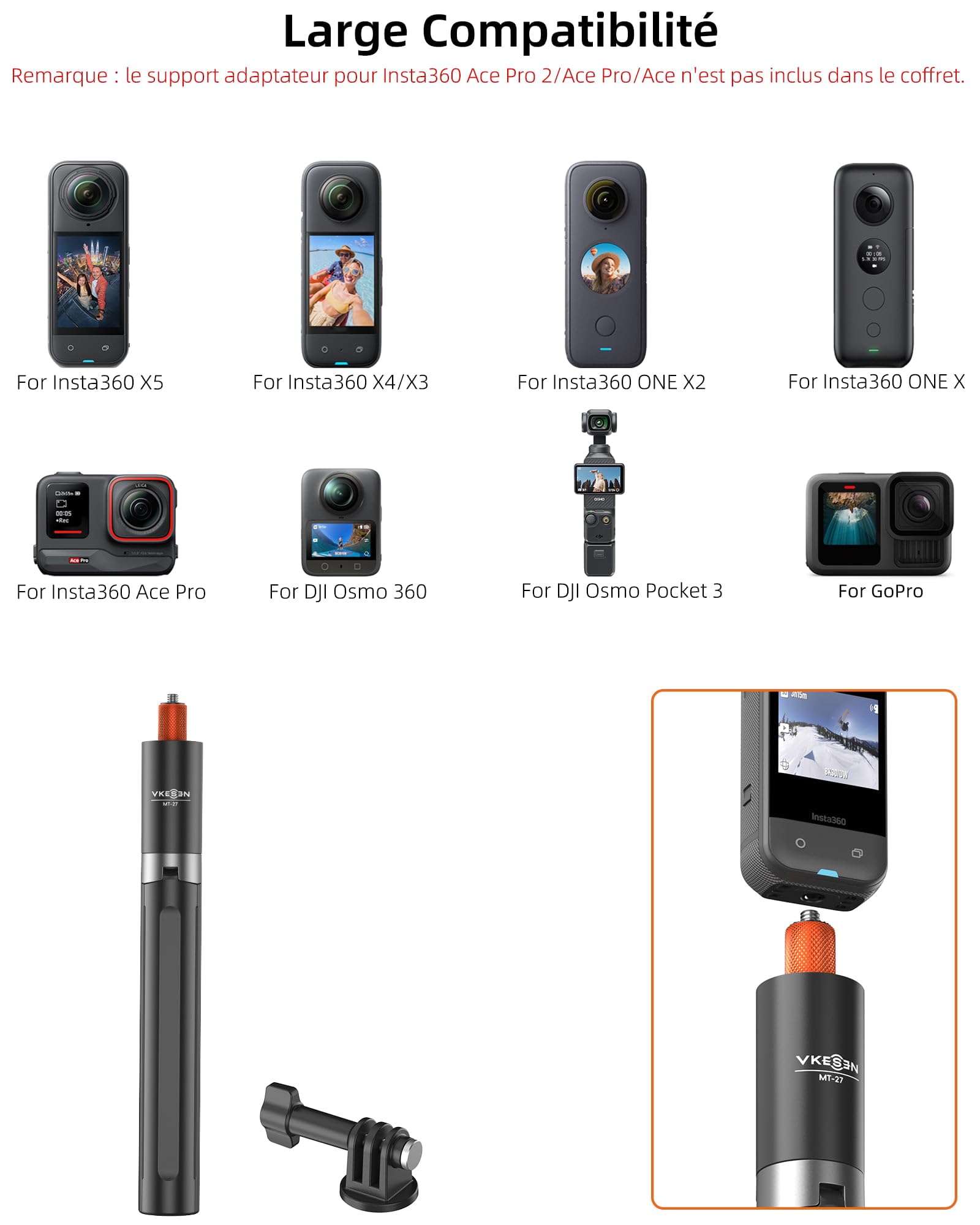 Perche à Selfie Invisible 147cm avec Trépied pour Insta 360 X5/X4/X3/Ace Pro/GO 3S/GO Ultra, DJI Osmo 360, GoPro, 2-en-1 Bâton Selfie Trepied/Tige d'extension étendue/Poignée/Support/Accessoires