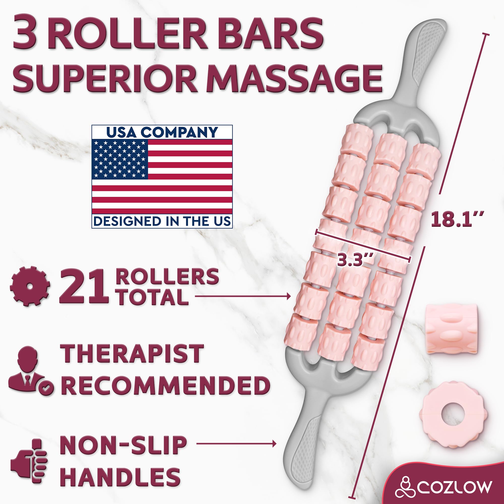 Triple Roller Massage Stick - Body Massager for Muscles - Fascia Rolling Tool - Deep Tissue Therapy - Myofascial Release - Lymphatic Drainage - by Cozlow