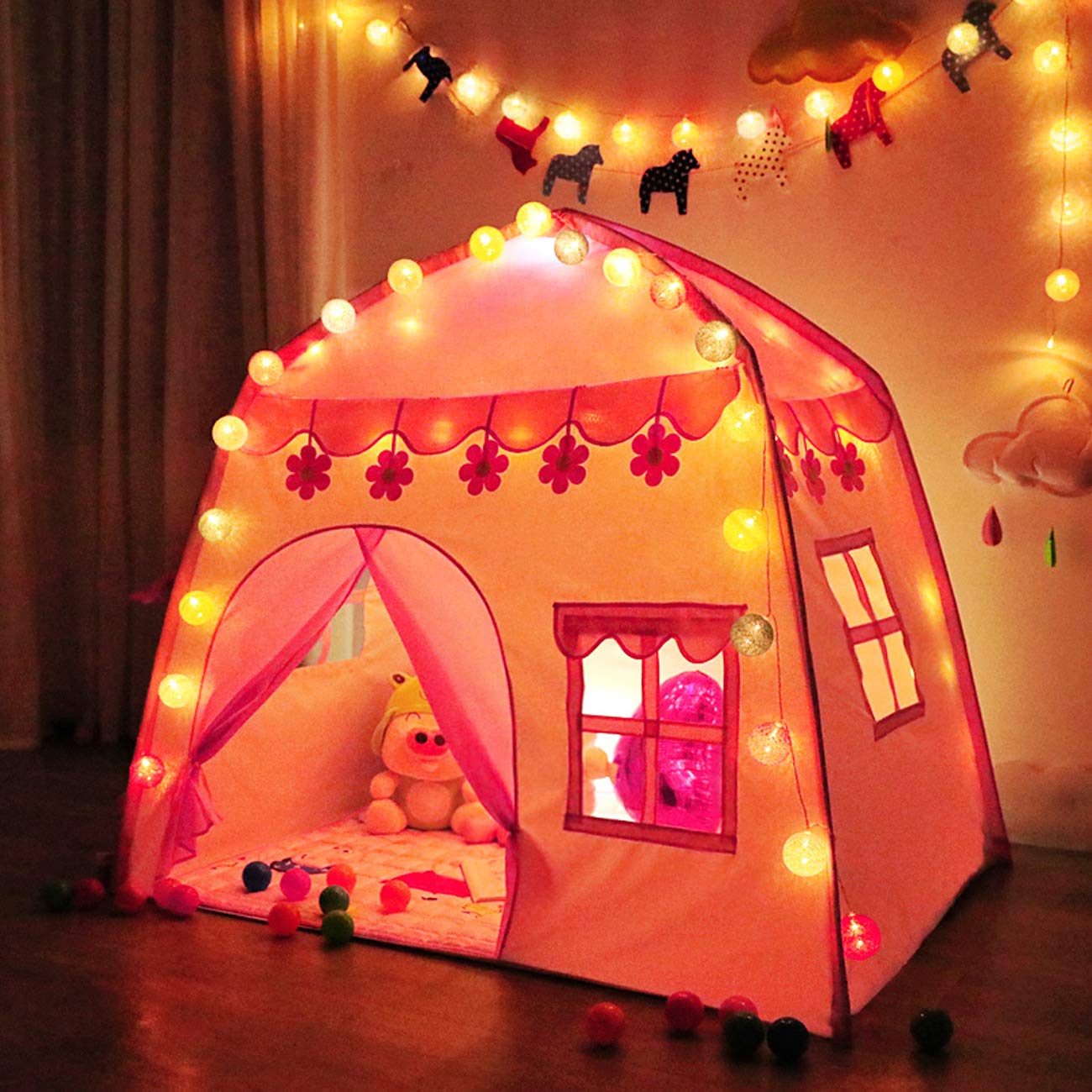 Tenda da gioco per bambini con luci a stella, rosa, per interni ed esterni