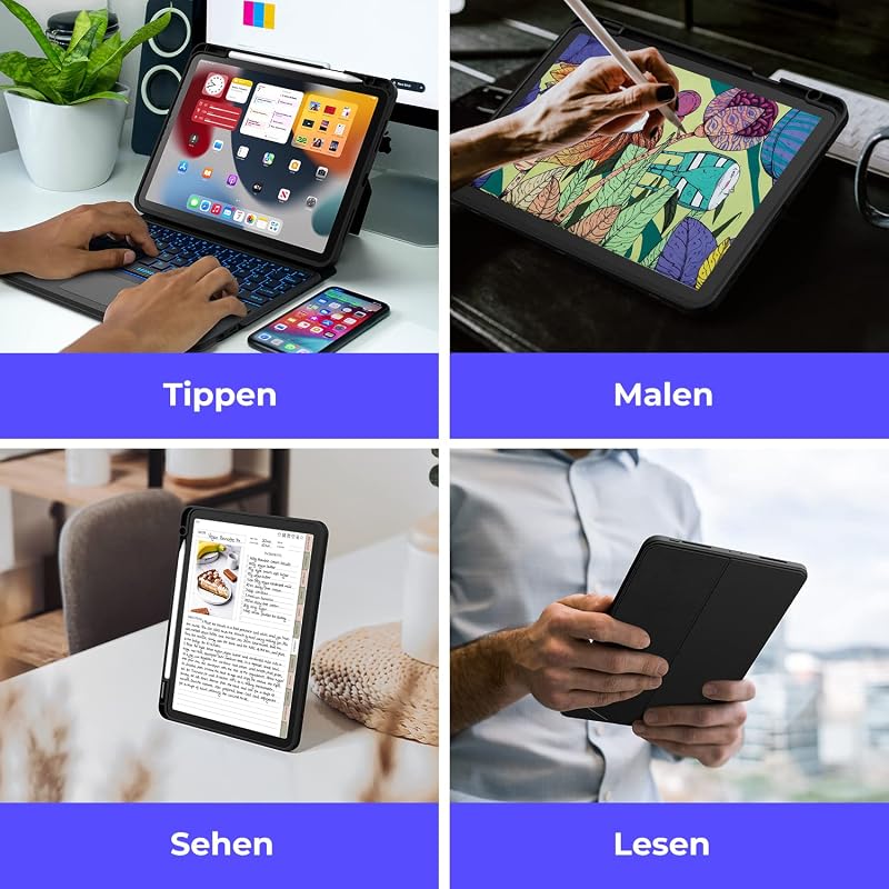 seenda iPad 10 Generációs Tok QWERTZ Bluetooth Billentyűzettel - 7 Színű Háttérvilágítás, Érintőpad, Tolltartó, Levehető Billentyűzet, 10.9"