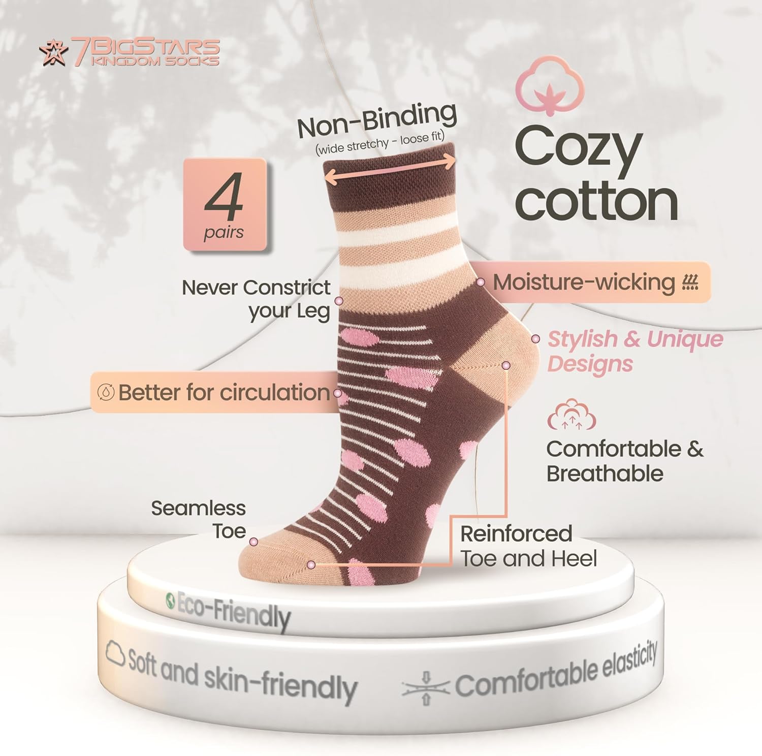 7BIGSTARS KINGDOM Women's Cotton Diabetic Quarter Fashion Socks - 4 Pack Large - Extra Wide- Star, Stripe, Polka Dot - Sock Size 10-12 Shoe Size 8-12 L Brown, Beige, Ecru - Image 3