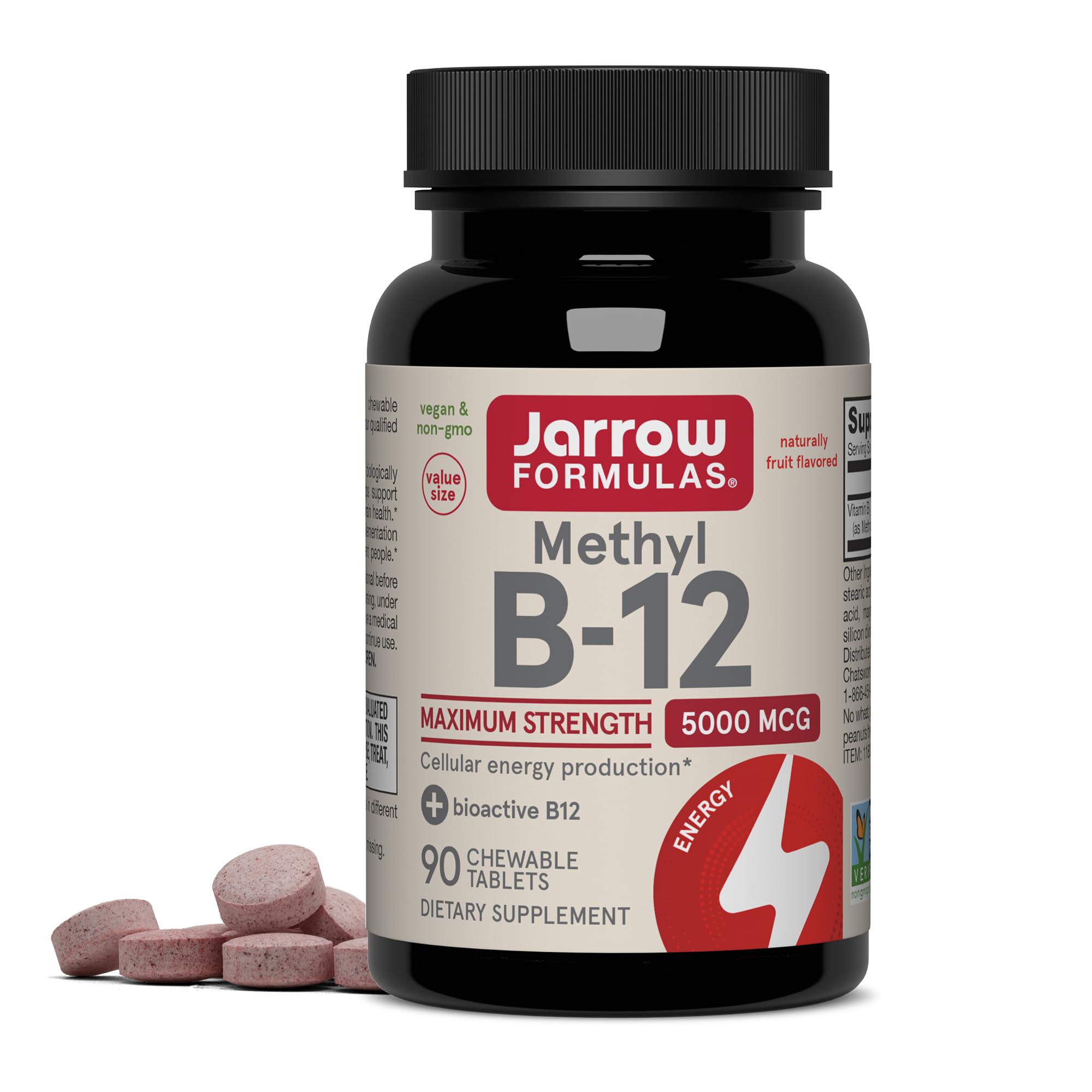 Jarrow Methyl Vitamin B-12 5000 mcg, Cellular Energy, 90 Chewable Tablets 90 Count (Pack of 1)
