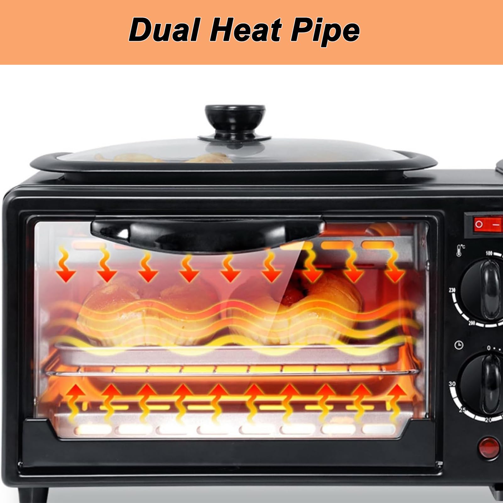Station de petit-déjeuner, appareil de petit-déjeuner multifonction 1100W avec machine à café et plaque de cuisson, four grille-pain antiadhésif pour œufs, bacon et crêpes, appareil de cuisine
