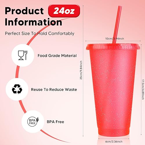 Miniatura 9 de Paquete de 24 vasos de plástico con tapas y pajitas, vasos reutilizables con tapas, vasos coloridos de plástico para fiestas de cumpleaños, taza de