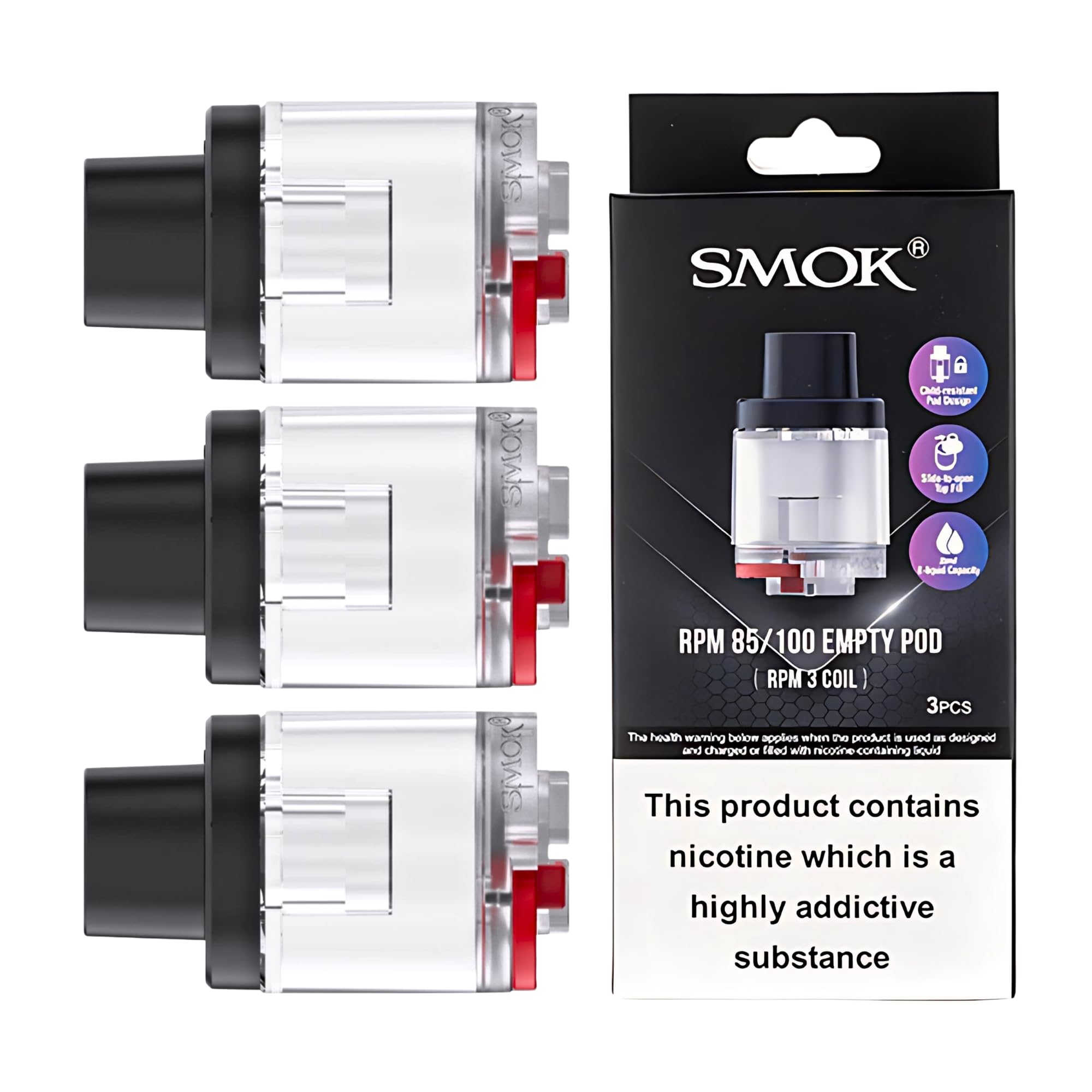 Smok RPM85 and RPM100 Replacement RPM3 Pods (No Coil - Large) - 3 Pack, Top Fill System, DTL Vaping Style, RPM3 Coil Compatible, No Nicotine