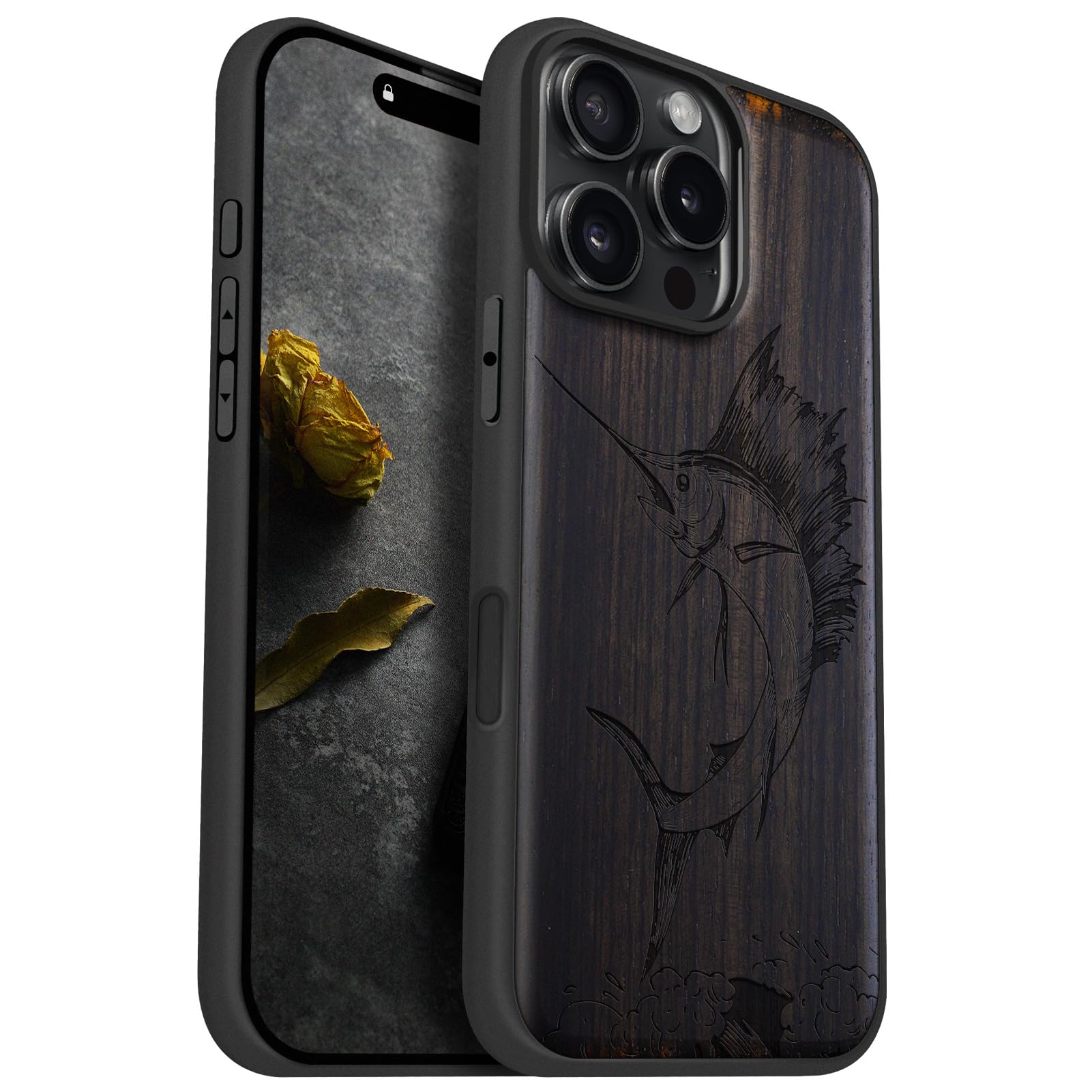 CarveitMagnetic Wood Case for iPhone 16 Pro Max [Solid Wood & Black Soft TPU] Shockproof Protective Cover Unique Wooden Case Compatible with magsafe (The Soaring Marlin -Blackwood)