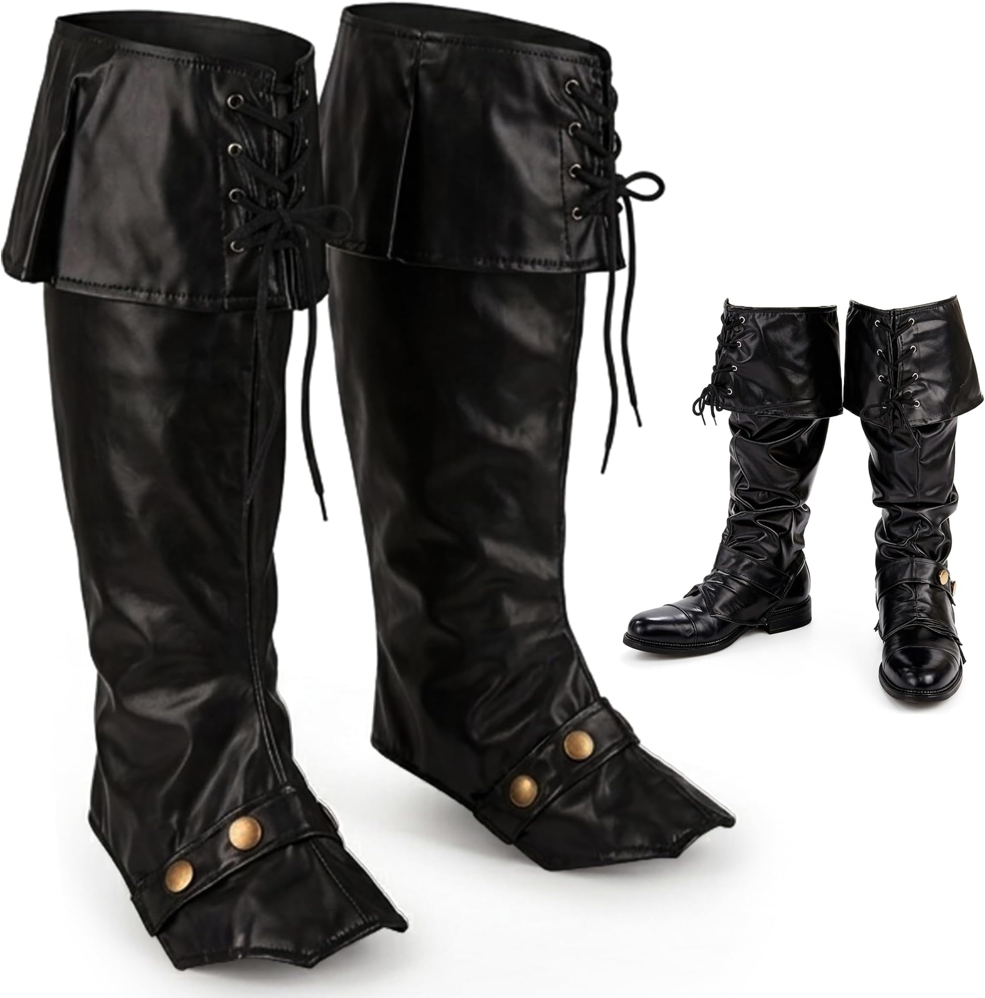 1 Pair of Deluxe Black Pirate Boots Covers - Adjustable Faux Leather Costume Shoe Covers - Reusable Dress up Pirate Accessories Men, Easter Costume Theme
