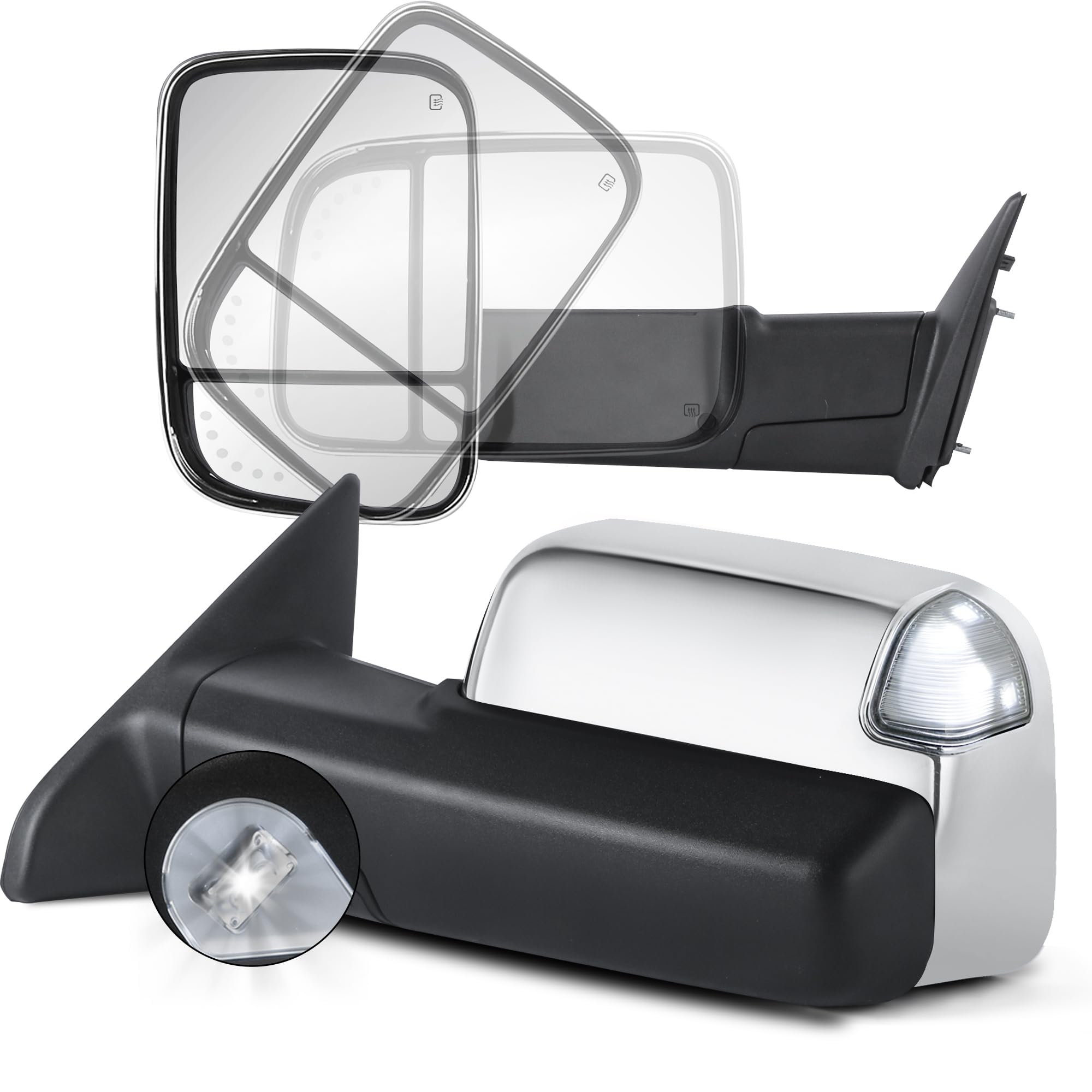 Photo 1 of KUIPERAUTO Pair Chrome Power Heated Towing Mirrors Compatible for 2009-2018 Dodge Ram 1500/2010-2018 Dodge Ram 2500 3500 Arrow Signal Light White DRL