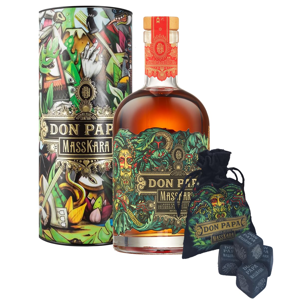 DON PAPA Rhum Masskara Edición Limitada Coleccionista, 70cl, 40% Alcohol, con Estuche Tubo y 4 Piedras para Whisky
