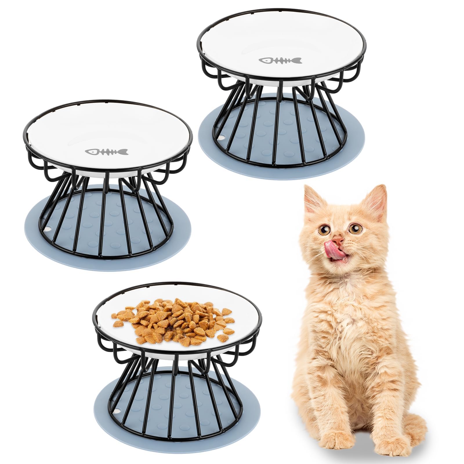 YAYODS Juego de 3 Cuencos de Cerámica Elevados para Gatos, Comedero Ergonómico Altura 10cm, Soporte Metálico y Alfombrilla de Silicona Antideslizante, Cuencos Anchos Antifatiga Aptos para Lavavajillas