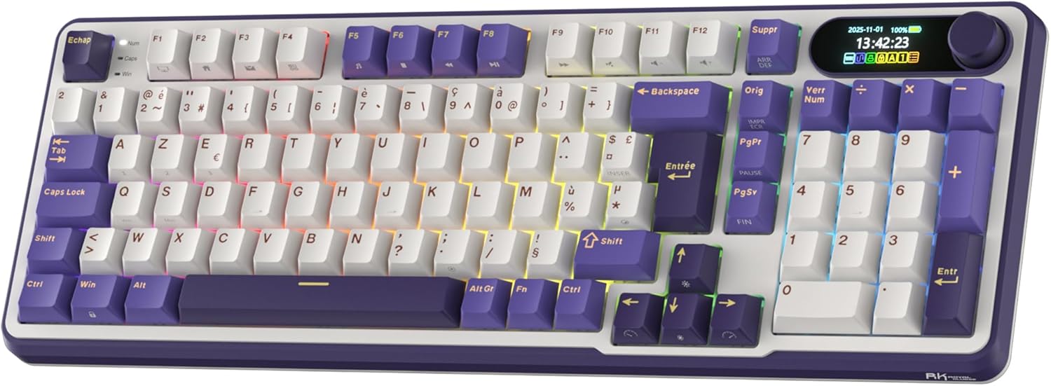 Test et avis du clavier mécanique RK ROYAL KLUDGE S98 FR, disposition 96% AZERTY avec écran intelligent personnalisable, connexions sans fil BT/2.4G et filaire USB-C, montage Top Mount, hot-swap, idéal pour gaming et productivité. — vue 9