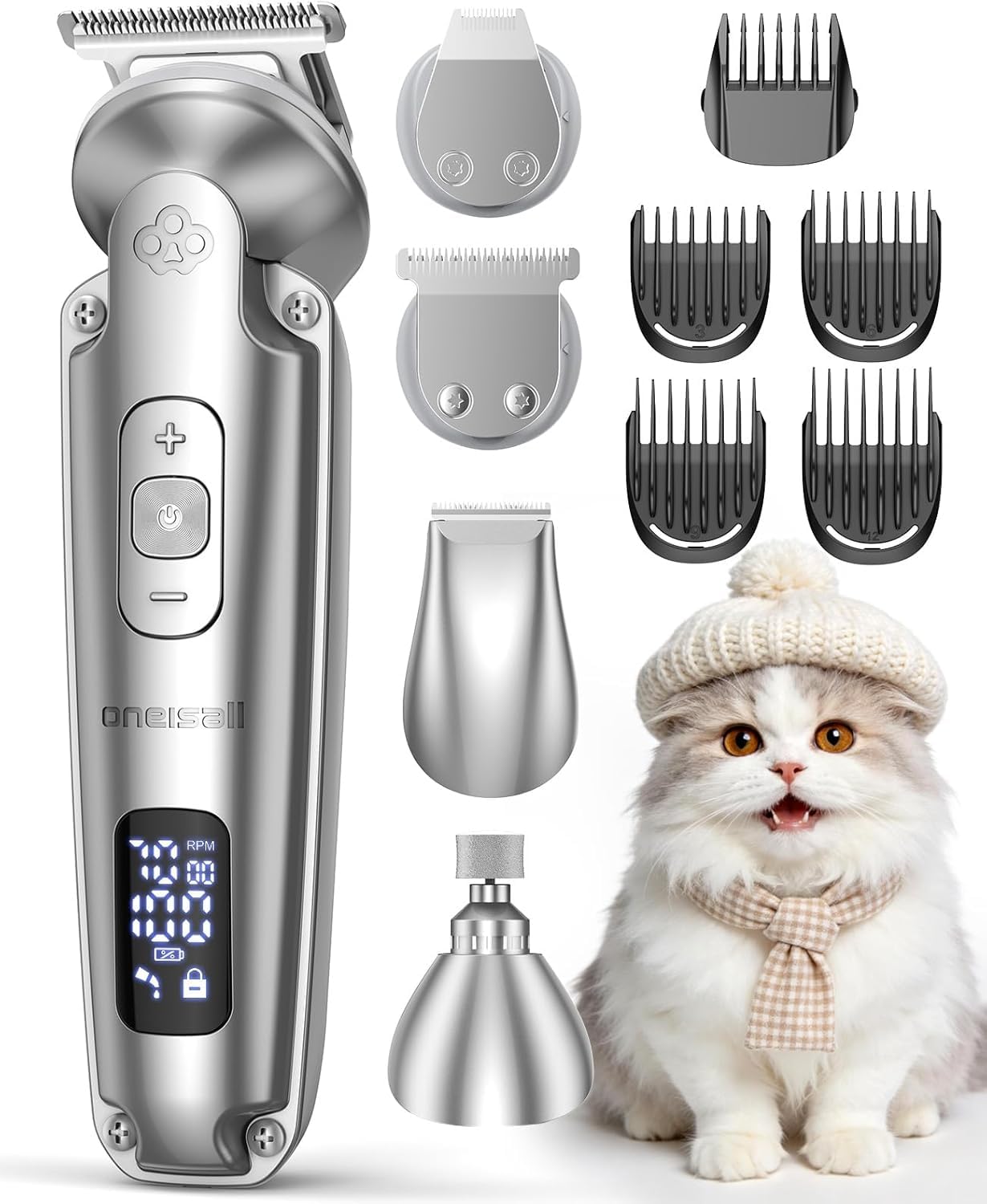 oneisall 4 in 1 Cat Grooming Kit Customised for Puppies and Cats, Cordless 3-Speed Dog/cat Clippers, Quite IPX7 Waterproof Dog Trimmer for Full-Body Grooming
