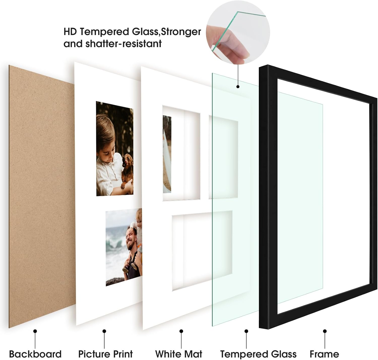 Golden State Art, Set of 2, 11x14 Black Wood Picture Frame - White Mat for 5x7 And 4x6 Photos - Tempered Glass, Sawtooth Hanger, Swivel Tabs - Wall Mounting - Great for Gift