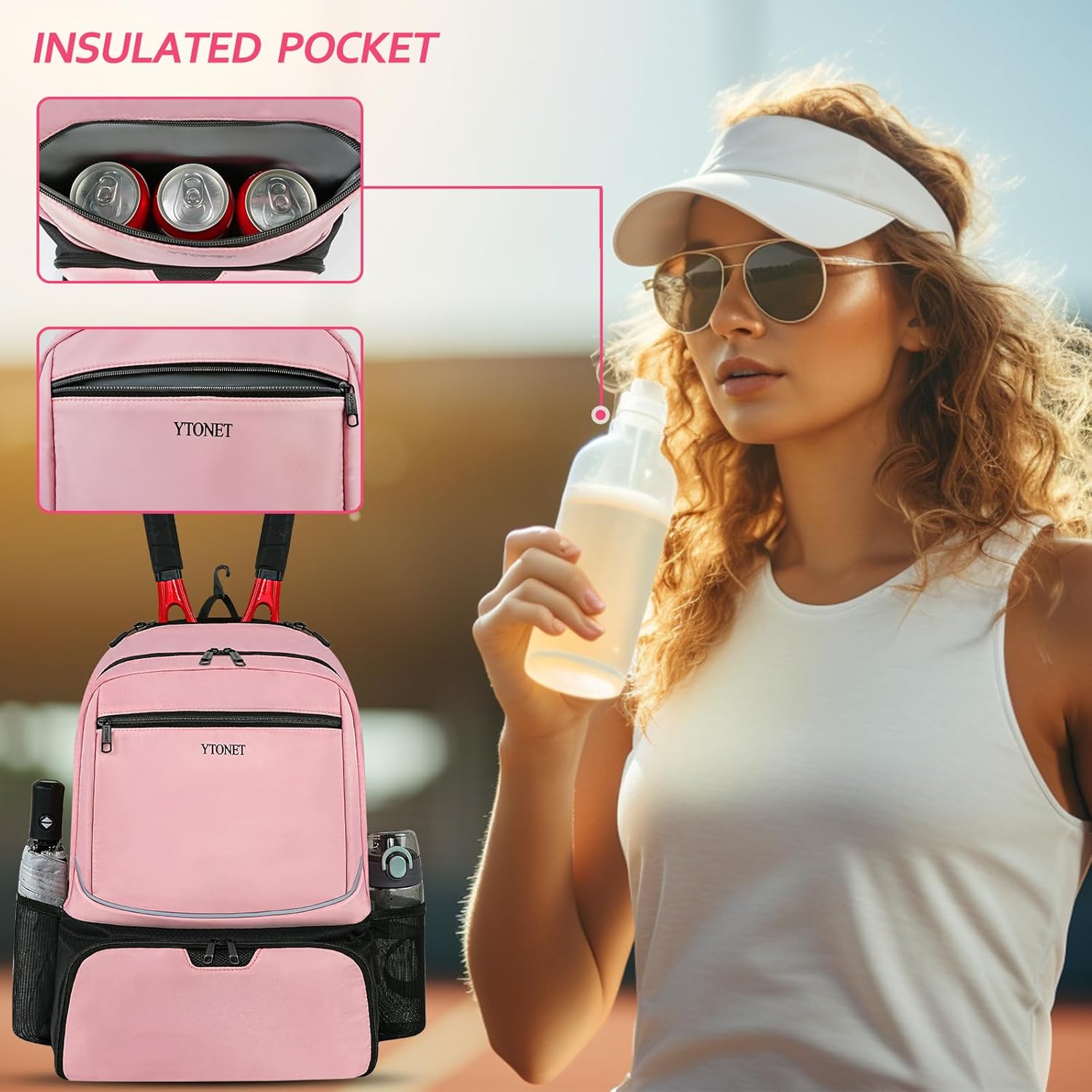 Ytonet Tennis Bag Tennis Backpack for Women Men 2 Rackets with Insulated Pocket Ventilated Shoe Compartment - Image 3