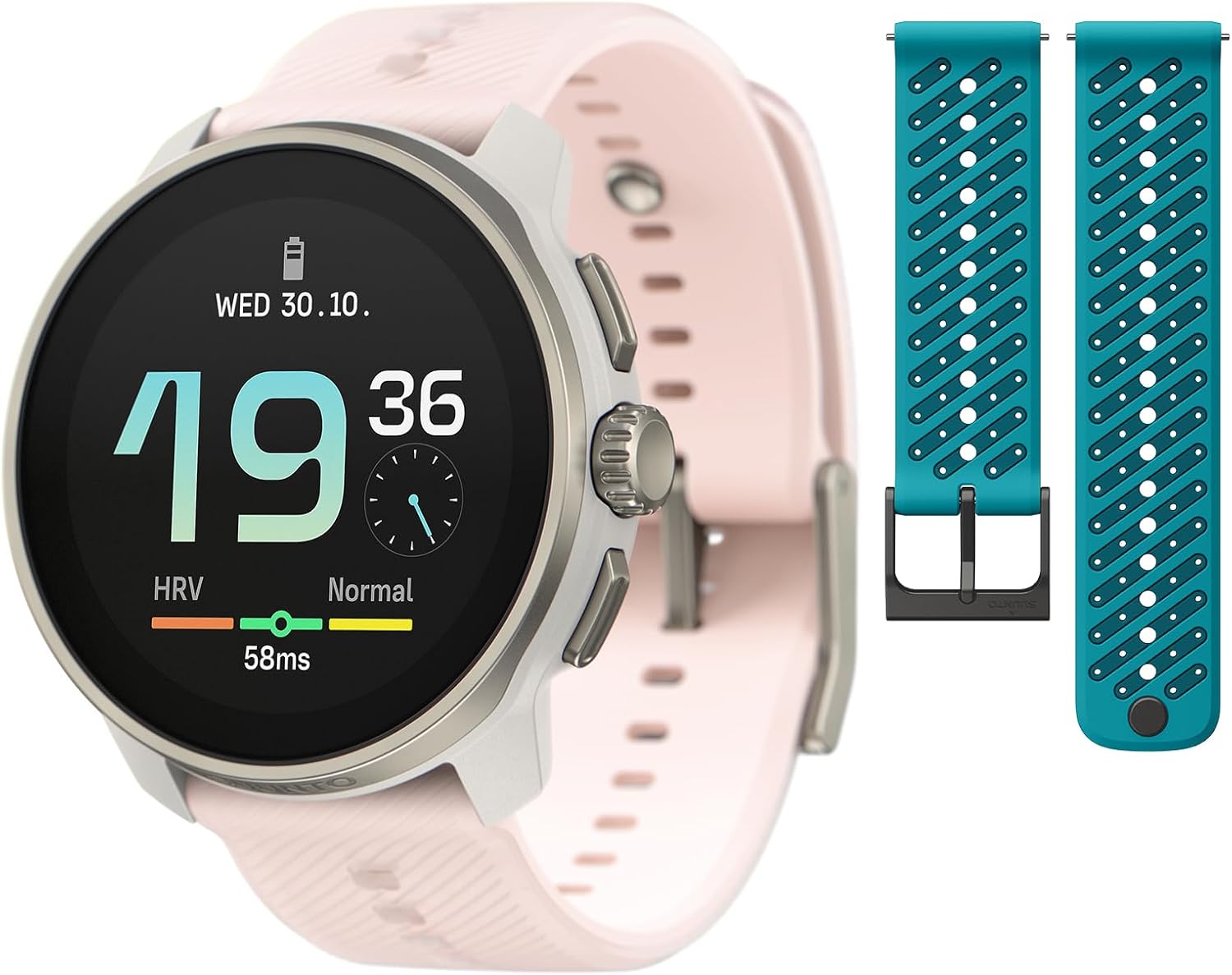 SUUNTO Race S GPS Sports Watch, 1.32" AMOLED Touchscreen w/Crown Powder Pink & SUUNTO 22 ATH8 Silicone Strap Wave Blue S+M
