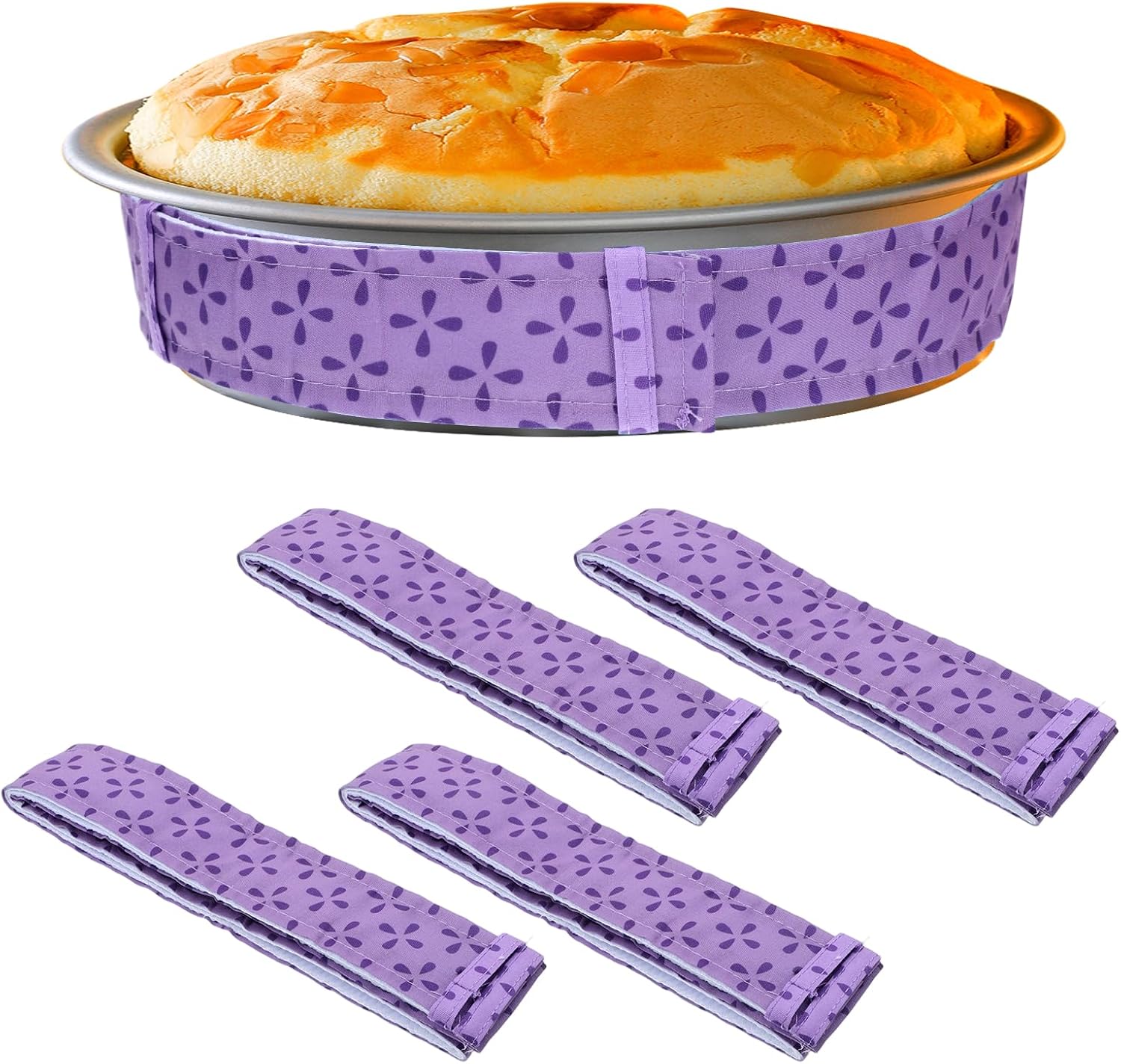 4 Pcs Cake Strips, Washable Reusable Cake Pan Wraps for Even Baking Convenient Cakes Bakings Supplies for Kitchen Bakery Restaurant to Evenly Moist Level(Purple)