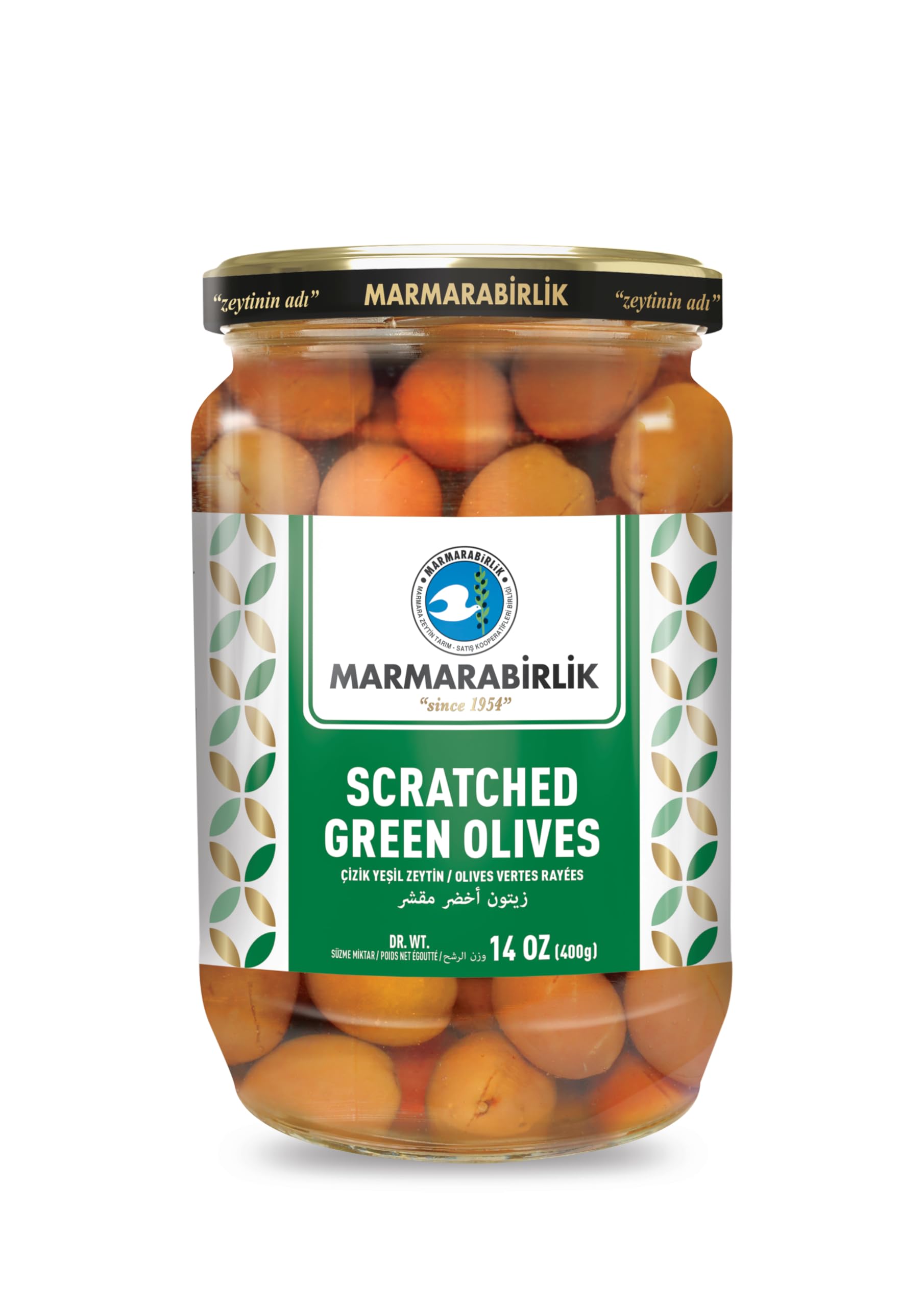 Marmarabirlik, Green Olives, Turkish Pickled Olive, Hand-Picked, Healthy Snacks for Salads & Mezze, Platter of Fresh Food, Vegan, Kosher, Halal, Snack Packs, 14oz (400g)