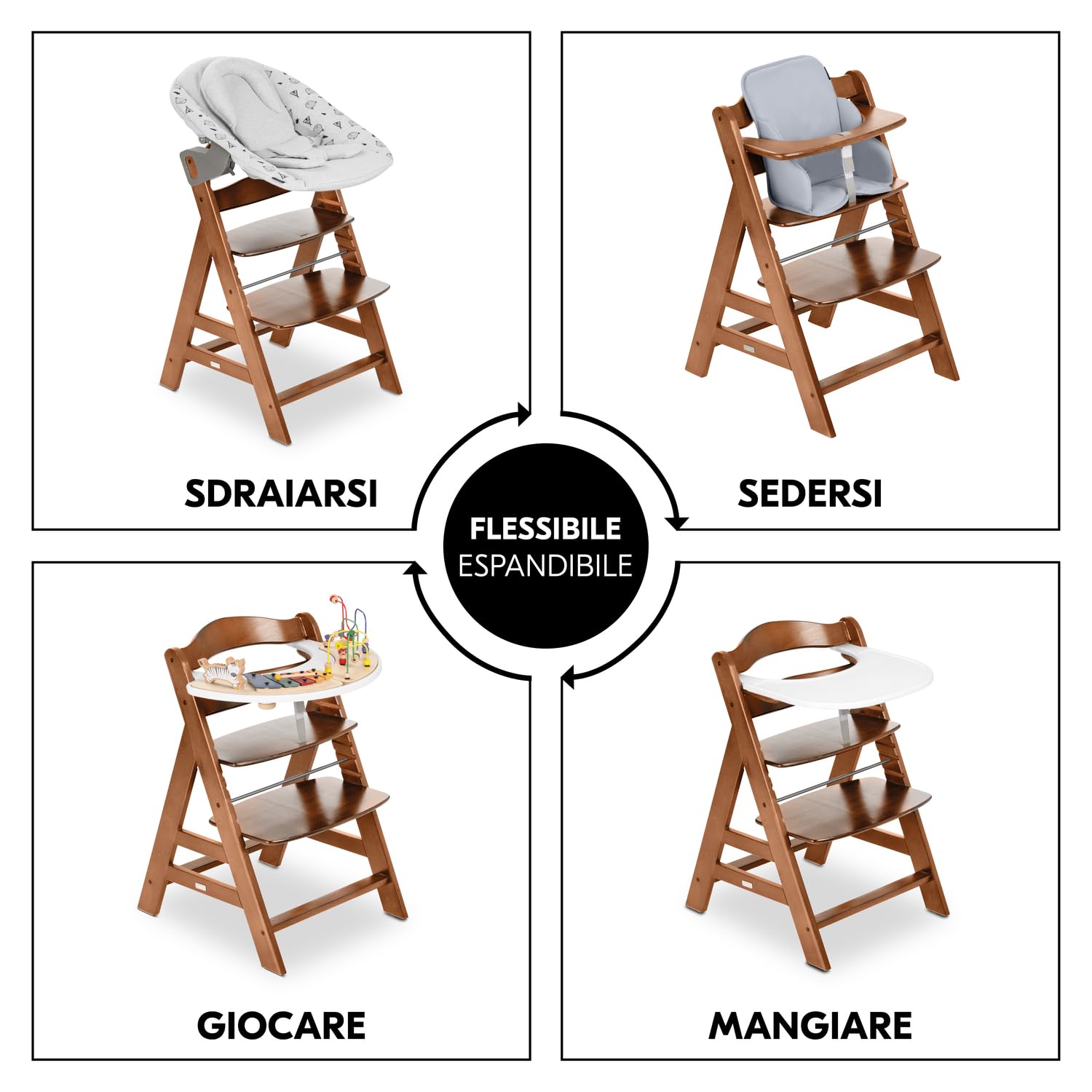 hauck Seggiolone Pappa in Legno Alpha+ - Seggiolone Evolutivo da 6 mesi fino a 90 kg - Sedia Evolutiva con Barra Frontale, Cintura Inguinale e a 5 Punti - Legno Certificato FSC® - Noce