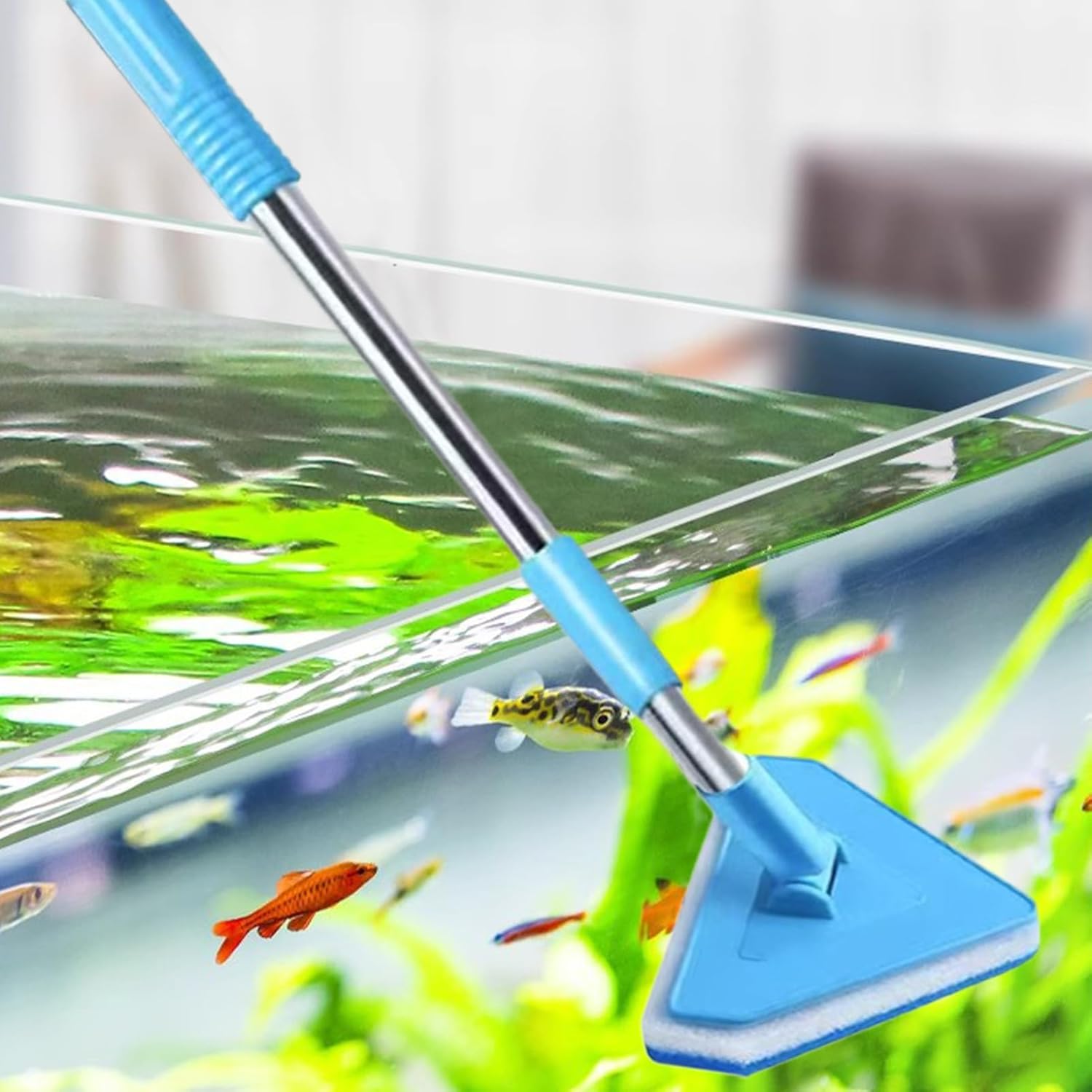 Aquarium Brush - Tank Cleaning Instrument, Long Handle Scraper Sponge System, Interchangeable Head Care, Glass Acrylic Wall Detail Tool, Pet Home Terrarium Pond Maintenance Usage