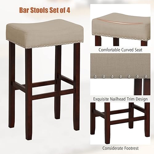 Miniatura 5 de COSTWAY Juego de 4 taburetes de bar con altura de mostrador, 29.5 pulgadas sin respaldo con borde de cabeza de clavo, marco de madera de goma,