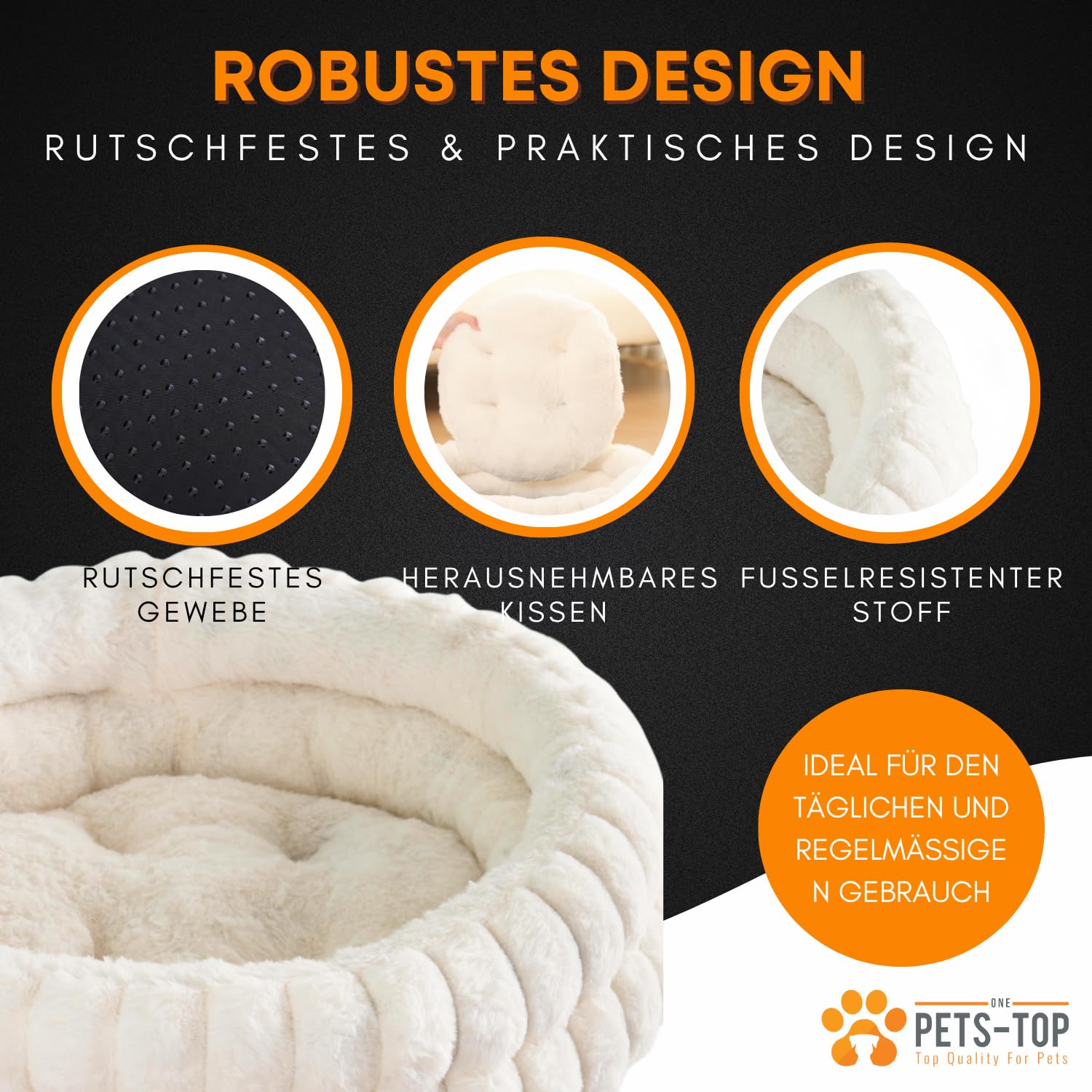 One PETS-TOP Katzenbett Flauschig – Katzenkissen Rund Weich – Cat Bed Waschbar – Schlafplatz für Katze & Kleine Hunde – rutschfest (Weiß, 50cm)