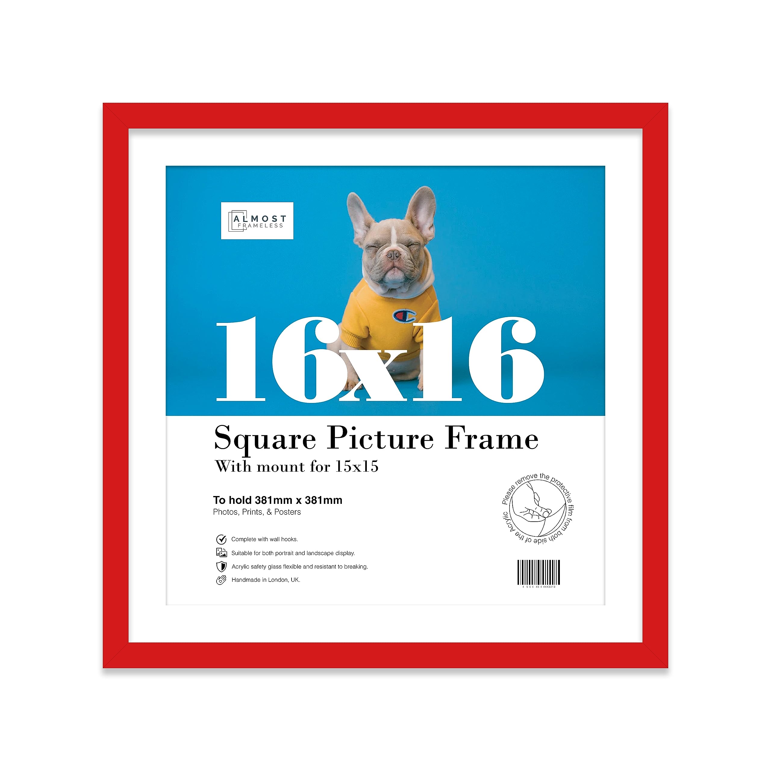 Almost Frameless Red 16X16 Picture Frame, Display Pictures 15X15 With Mat Or 16X16 Without Mat, Wall Hanging Photo Frame, 1 Pack