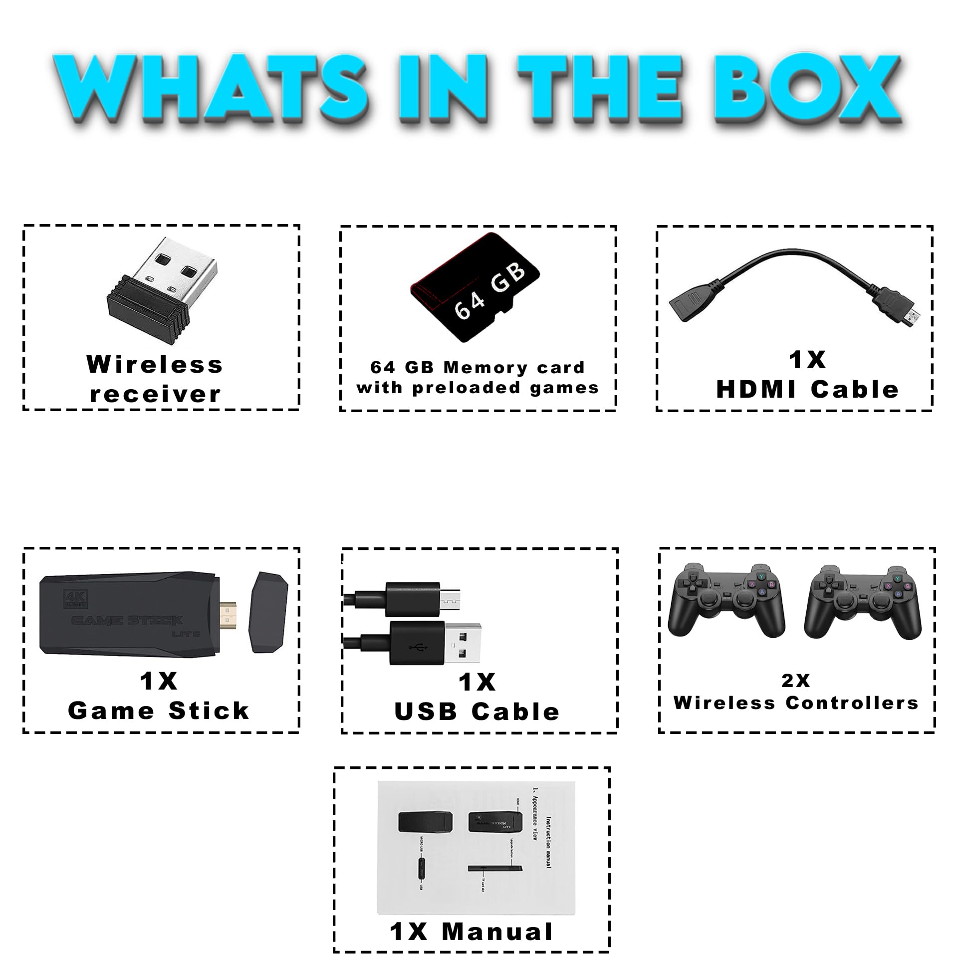 MANEEX Retro Game Console Stick, 20,000+ Games, 64GB Card, 2.4G Wireless Controllers, HDMI Output, TV Gaming System 2