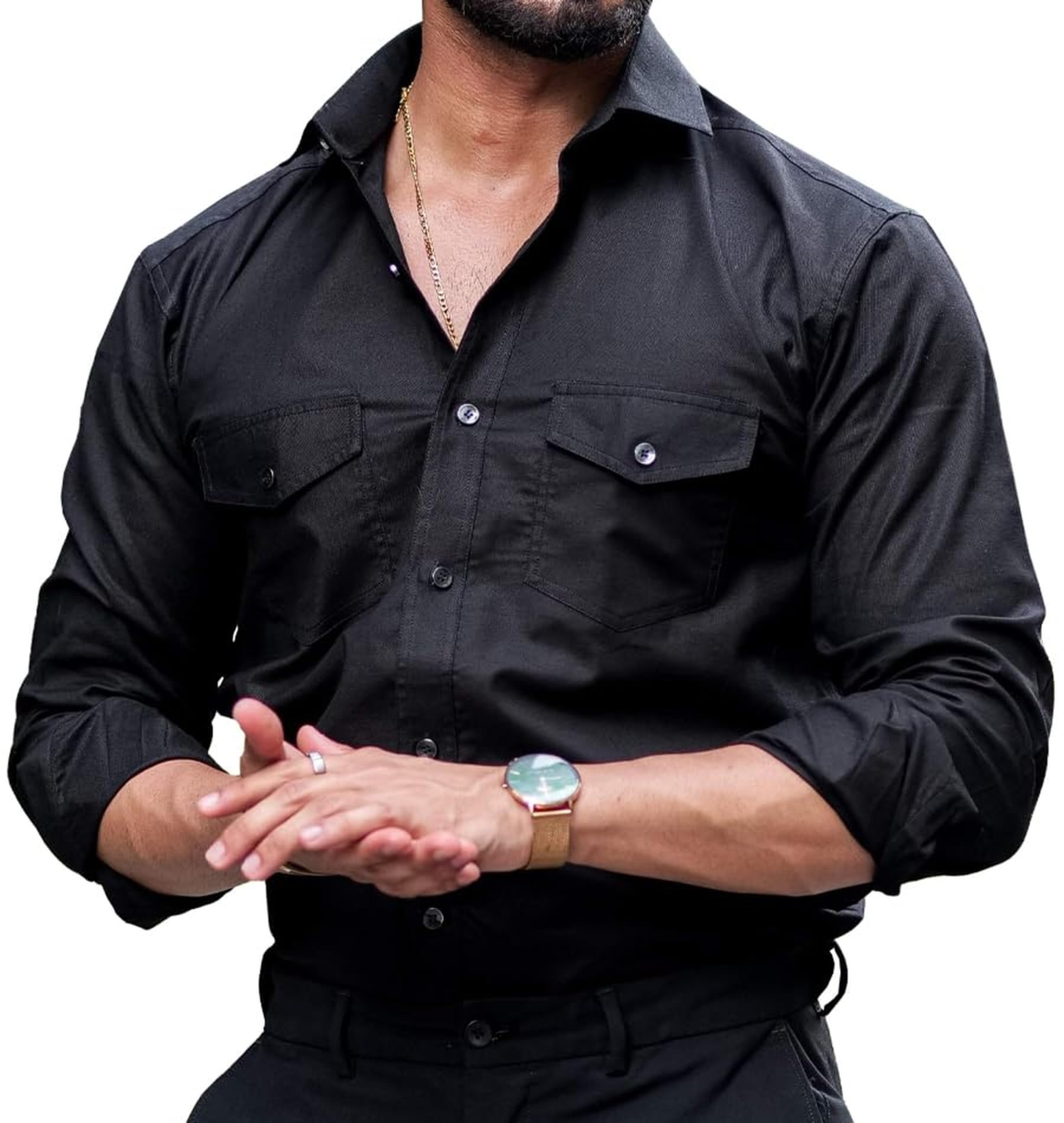 CB-COLEBROOK Men's Regular Fit Fancy Double Pocket Utility Casual Shirt for Men Full Sleeves Stylish Shirt - Cargo (Previously Goodthreads)