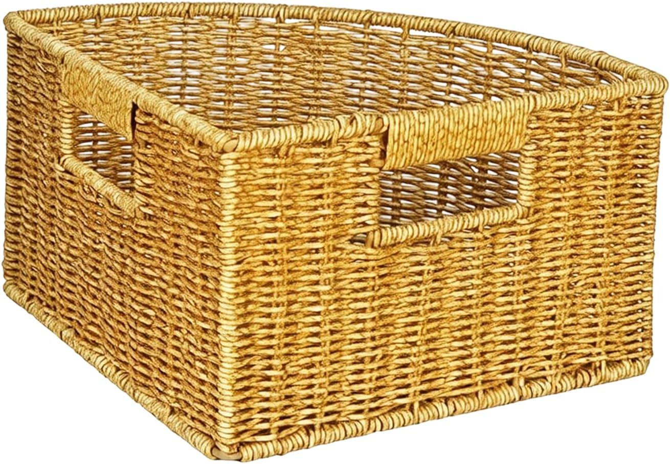 Corner Storage Basket with Lid, Fan Shape Triangle Basket, Large Capacity Sundries Organizer Bins, Rustic Decorative Baskets for Office/Pantry/Living Room/Bedroom/Entryway, B 41.5x30x21cm