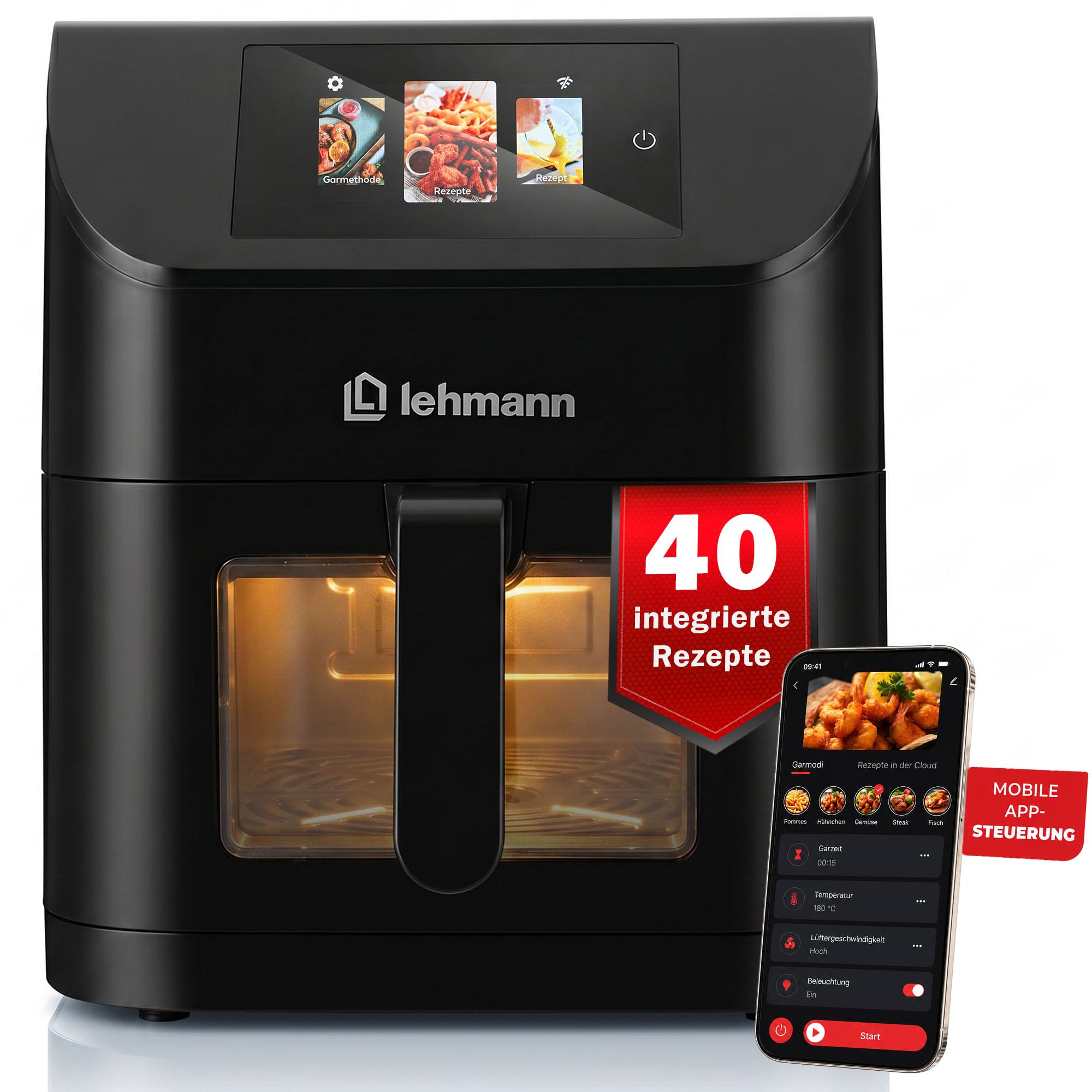 LEHMANN Heißluftfritteuse XXL 8L, 40 integrierte Rezepte, 11 Programme, 80-200 °C & Timer, WLAN-App & Touchscreen Steuerung, große Schublade, Antihaftbeschichtung, Airfryer ohne Öl für Familie