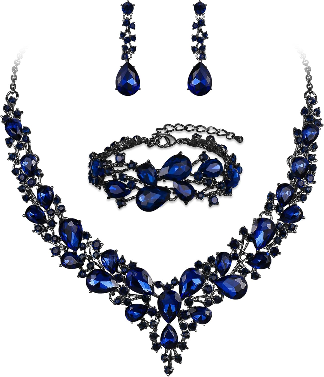 BriLove Wedding Bridal Jewelery for Women Austrian Crystal Teardrop Cluster Statement Necklace Dangle Earrings Link Bracelet Set