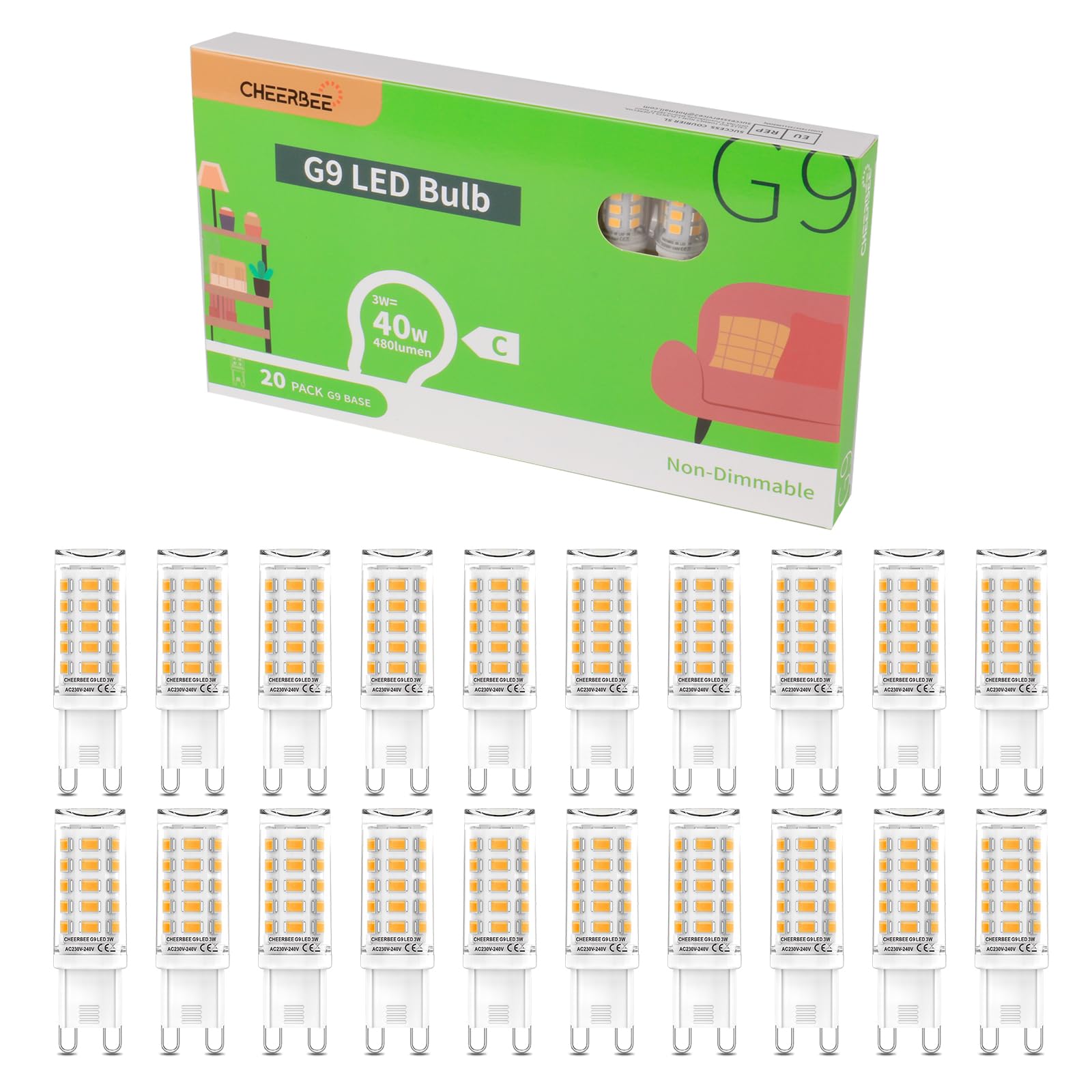 Lampadina G9 LED 3W Luce Calda 2700K (20 Pezzi) – Sostituisce Alogena 28W/33W/40W, 480LM, Classe Energetica C, No Sfarfallio, Non Dimmerabile per Illuminazione Domestica