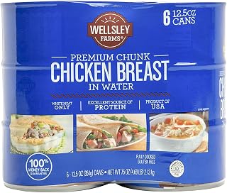 Wellsley Farms Premium Chunk Chicken Breast in Water, 12.5oz Cans, 6-Pack - Fully Cooked Boneless Skinless for Salads & Meals