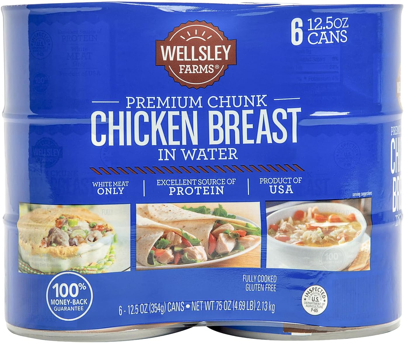 Wellsley Farms Premium Chunk Chicken Breast in Water, Fully Cooked Boneless Skinless, For Prepared Meals, Salads, Sandwiches & More, Canned, 12.5 oz Cans, 6-Pack