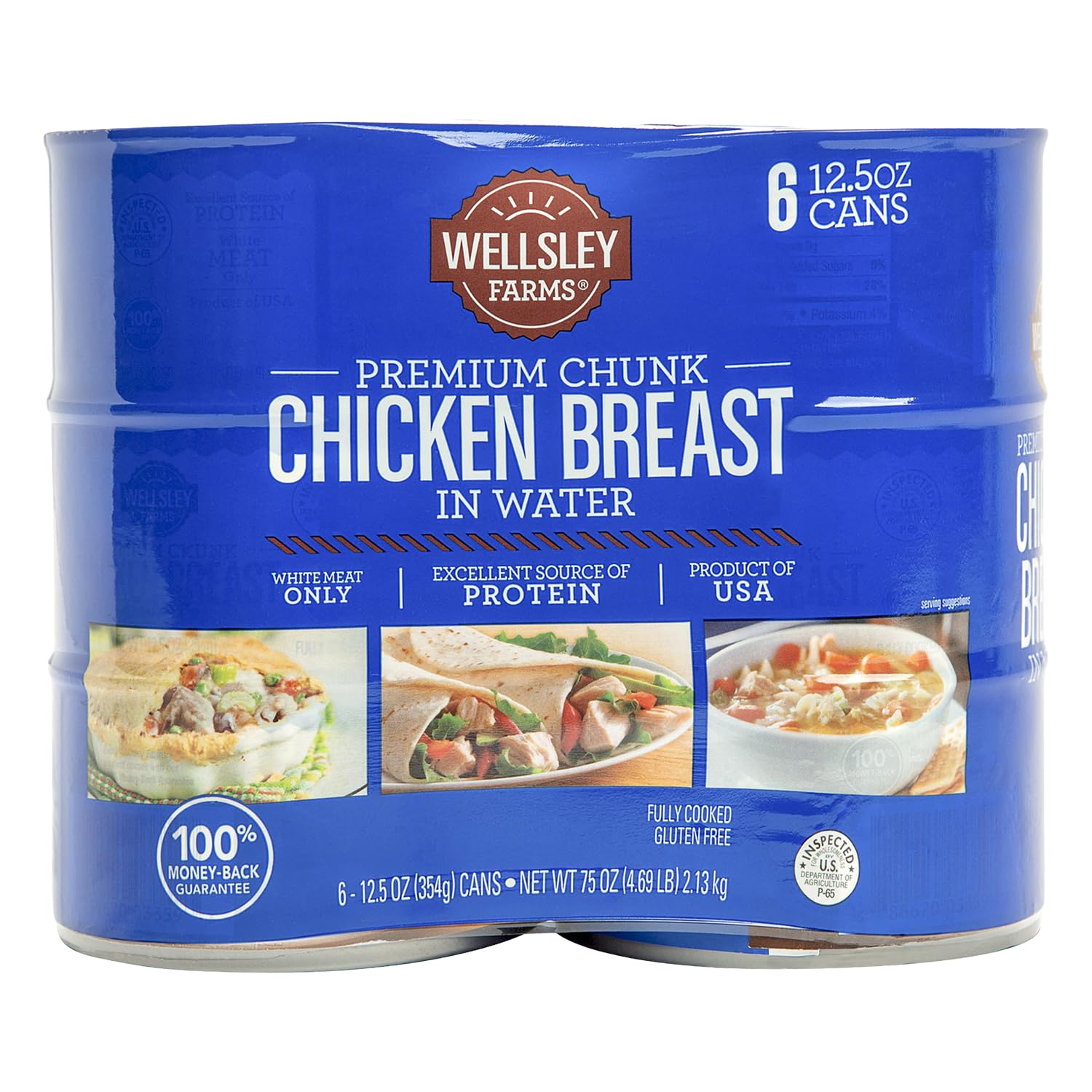 Wellsley Farms Premium Chunk Chicken Breast in Water, 12.5 oz Cans, 6-Pack - Fully Cooked Boneless Skinless for Salads, Sandwiches & Meals