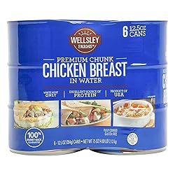 Wellsley Farms Premium Chunk Chicken Breast in Water - Fully Cooked Boneless Skinless Breast - For Prepared Meals, Salads, Sandwiches & More - Canned Chicken Breast - 12.5 oz Cans (Pack of 6)