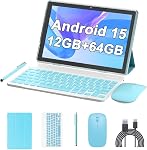 ATOZEE 10 Inch Tablet Android 15 Tablets 2 in 1 Tablet with Keyboard 12GB RAM+64GB ROM(Supports 1TB Expansion) Tableta 2MP+8MP Camera 6000mAh Battery Mouse/Case/Stylus 5G WiFi-6 10.1" Android Tablets