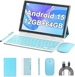 Tablet de 10 polegadas Android 15 (não vai), tablets 2 em 1 com teclado 12 GB de RAM + 64 GB de ROM (suporta expansão de 1 TB) Tableta 2 MP + câmera de 8 MP 6000 mAh, mouse/capa/Stylus 5G Wifi-6