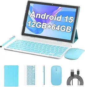 Tablet de 10 polegadas Android 15 (não vai), tablets 2 em 1 com teclado 12 GB de RAM + 64 GB de ROM (suporta expansão de 1 TB) Tableta 2 MP + câmera de 8 MP 6000 mAh, mouse/capa/Stylus 5G Wifi-6
