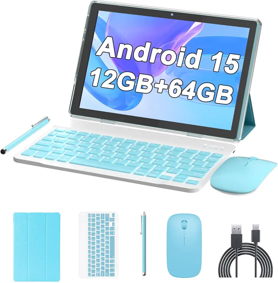 Tablet de 10 polegadas Android 15 (não vai), tablets 2 em 1 com teclado 12 GB de RAM + 64 GB de ROM (suporta expansão de 1 TB) Tableta 2 MP + câmera de 8 MP 6000 mAh, mouse/capa/Stylus 5G Wifi-6
